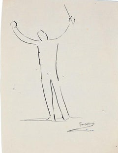 Orchestra Director - Original China Ink Drawing by Flor David - 1950s