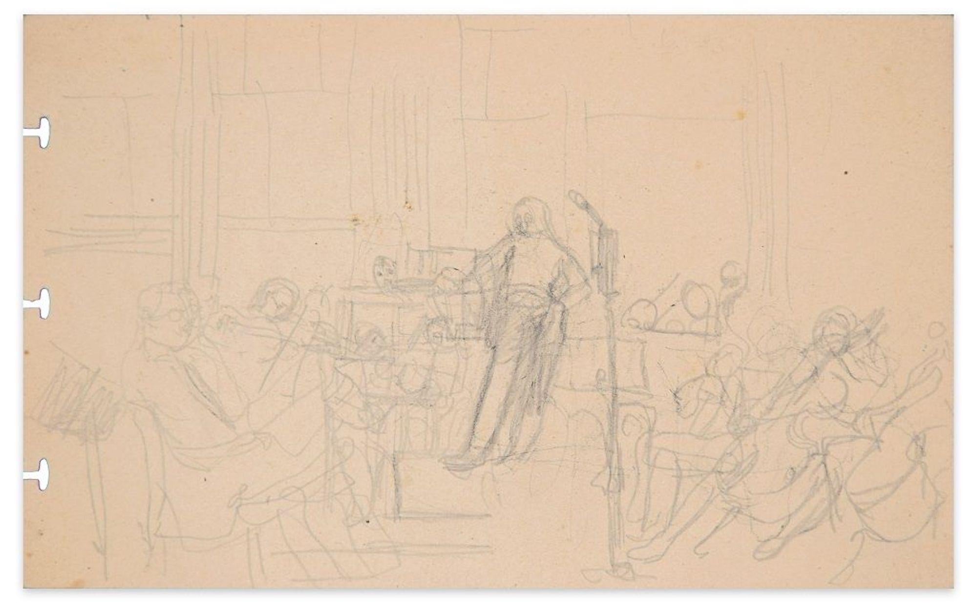 Unknown Figurative Art - A Concert - Original Pencil Drawing - Late 19th Century