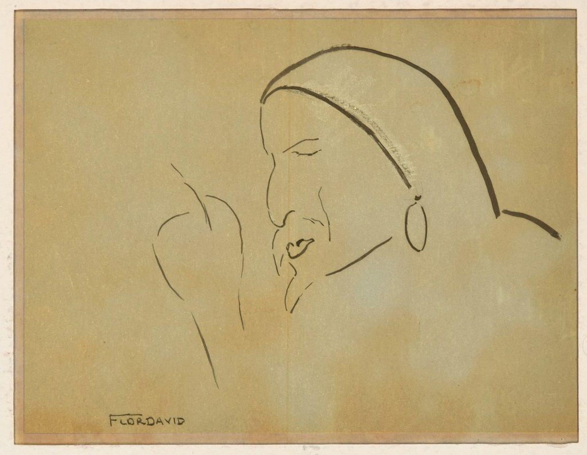 Figurative Art di Flor David - Un personaggio del teatro - Disegno originale a inchiostro di China di A. David - Anni '50