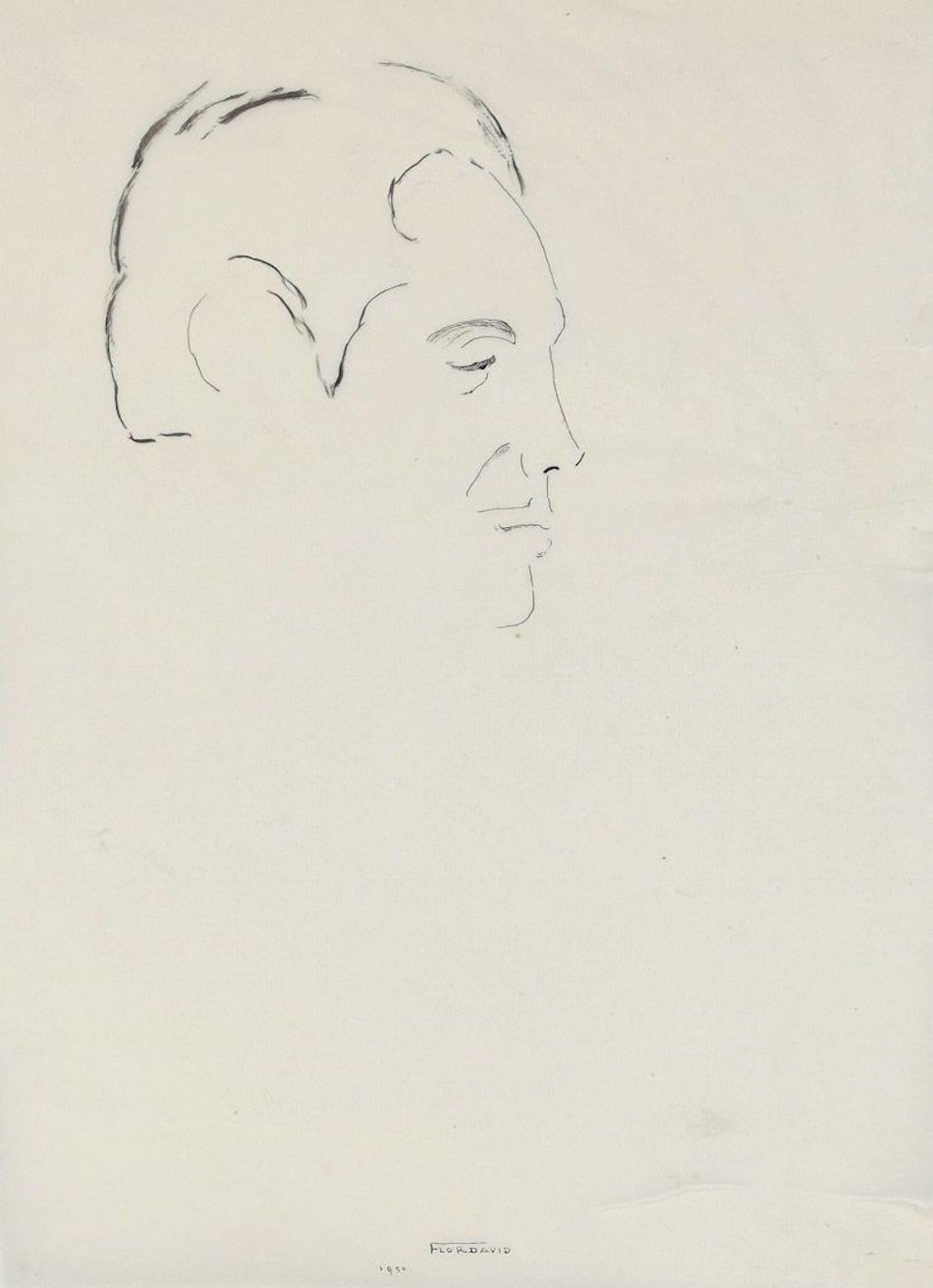 Figurative Art di Flor David - Ritratto di uomo - Disegno originale a inchiostro di China di A. David - Anni '50