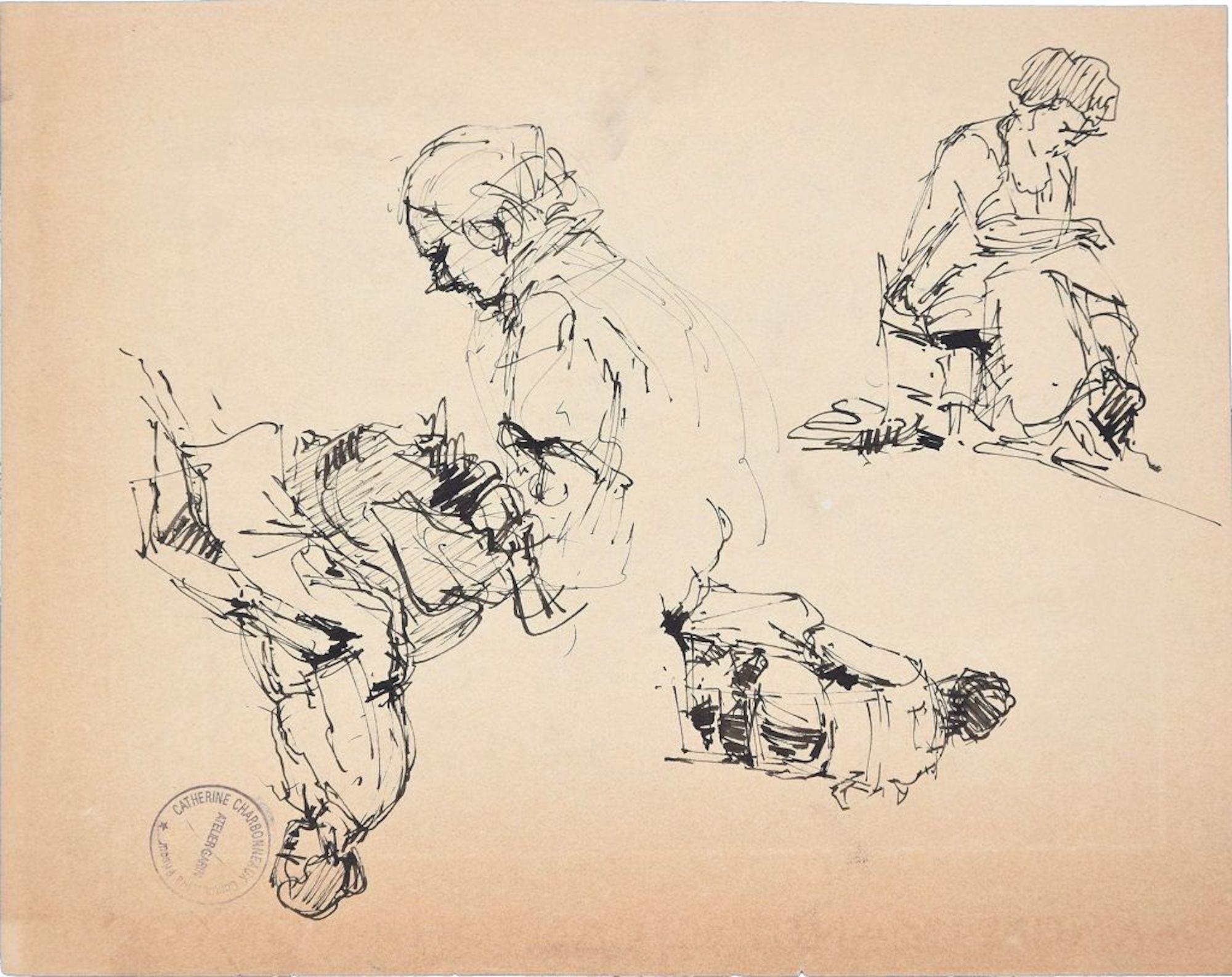 Sketches is an original pen drawing on ivory-colored paper, realized by the French artist Paul Garin (Nice, 1898-1963) in the 1950s. 

Black ink stamp on the lower-left corner: "Catherine Charbonneux Commissaire Priseur - Atelier Garin".

This