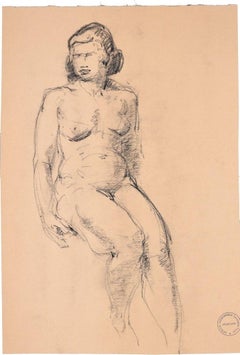 Femme assise - Drawing au fusain de Paul Garin - Années 1950