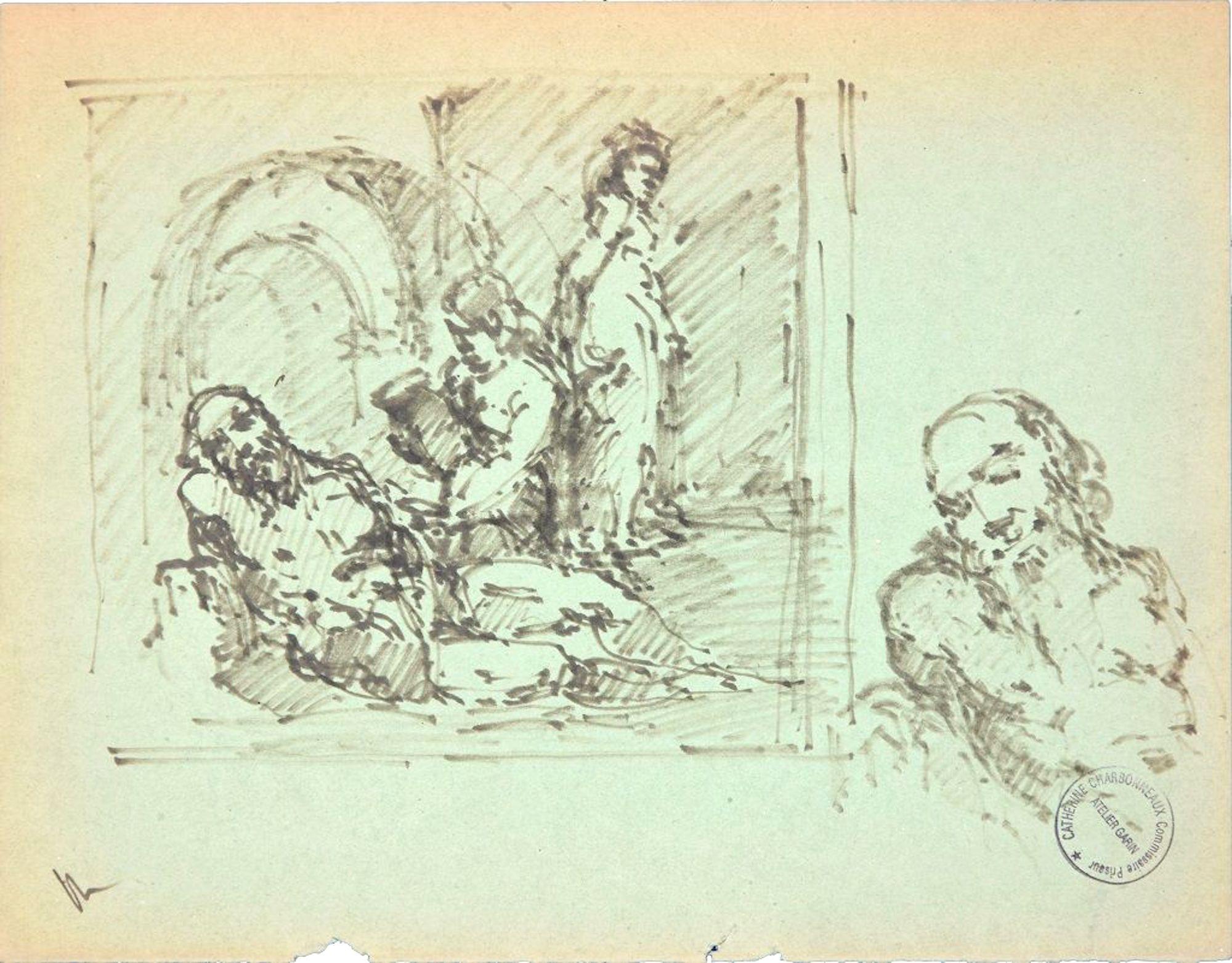 The Rest is an original pen drawing on paper, realized by the French artist Paul Garin (Nice, 1898-1963) in the 1950s. 

Black ink stamp on the lower-right corner: "Catherine Charbonneux Commissaire Priseur - Atelier Garin".

The drawing represents
