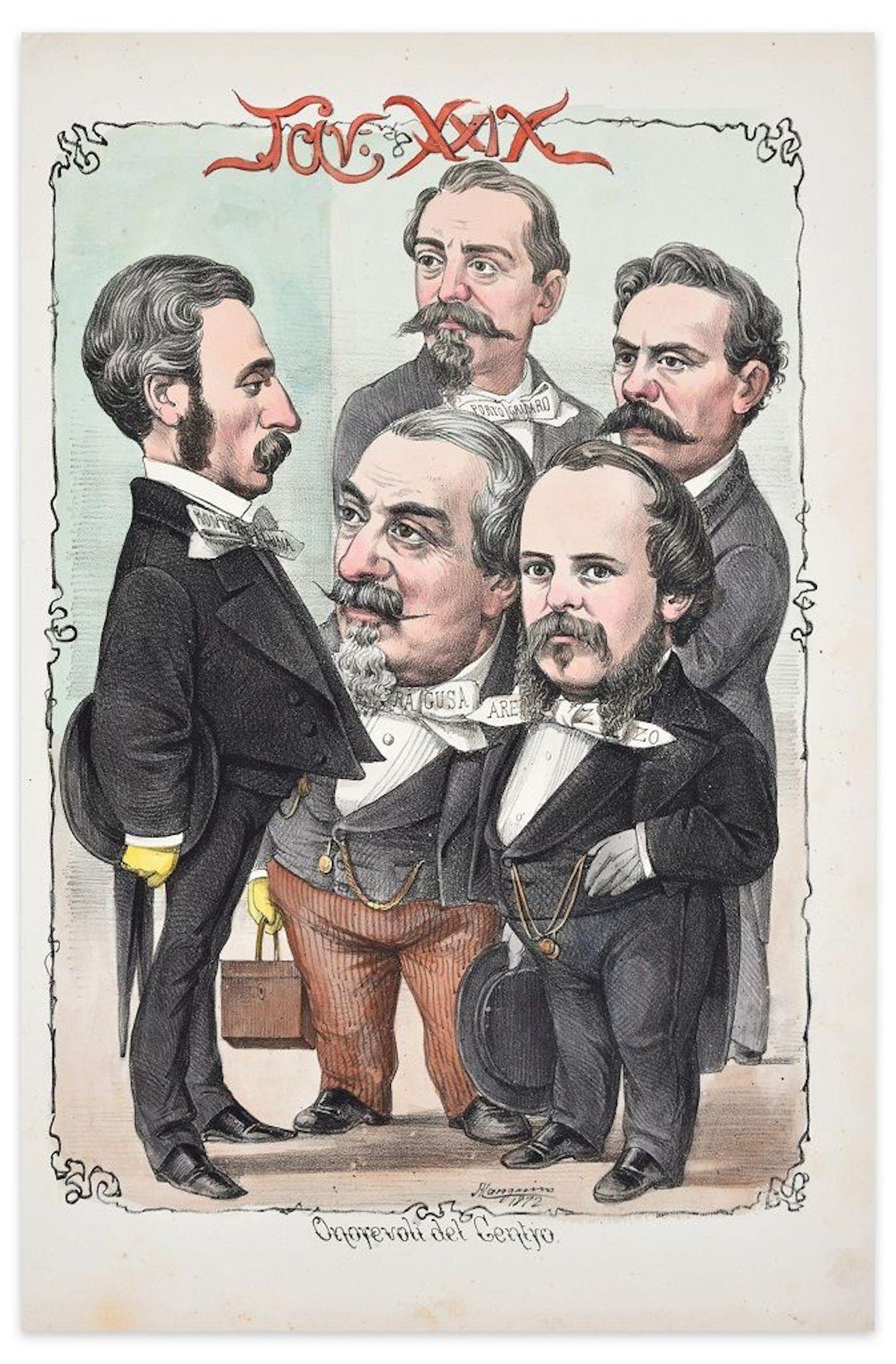 Figurative Print Antonio Manganaro - Onorevoli Del Centro - Lithographie de A. Maganaro - 1872