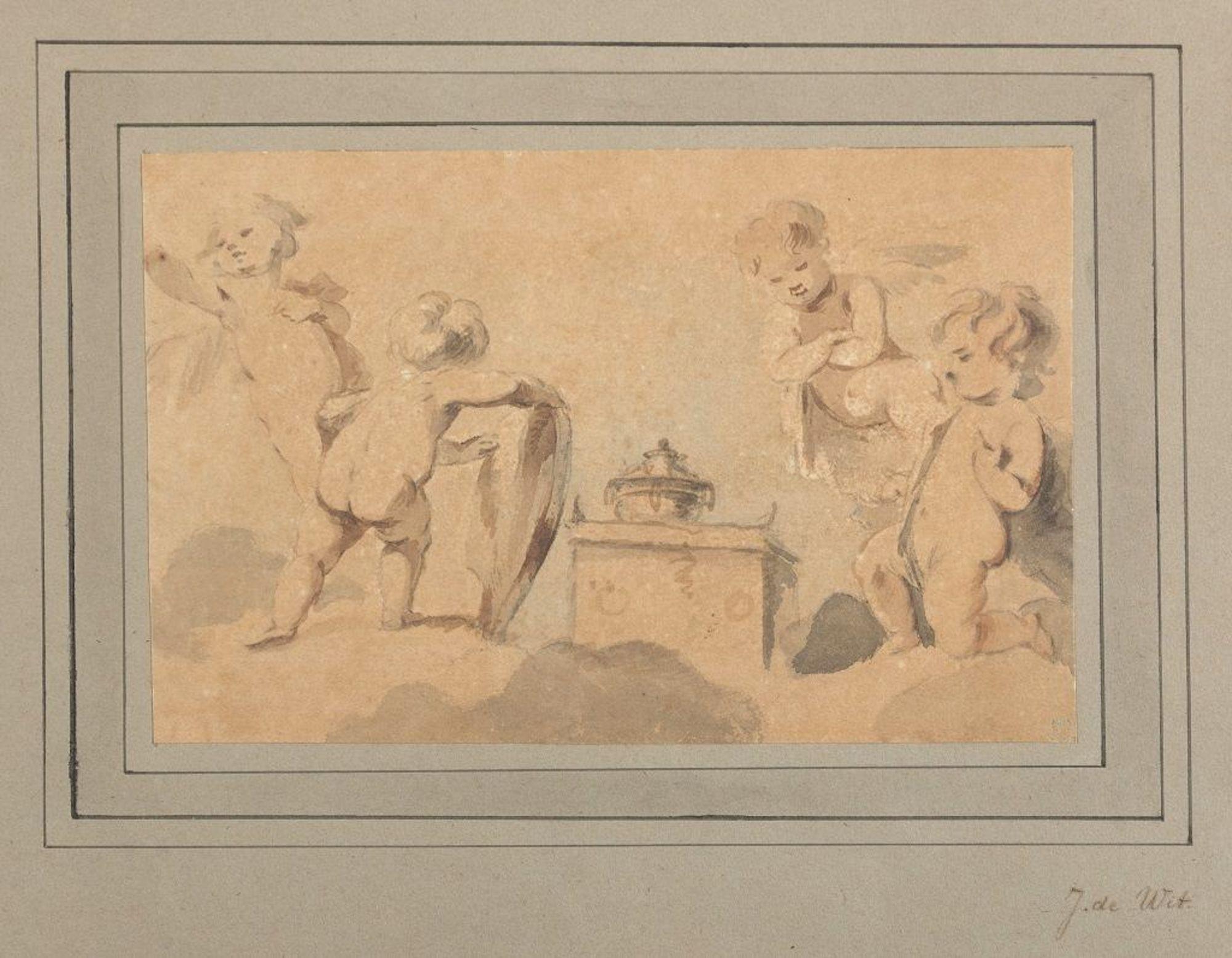 Unknown Figurative Art - Cherubs Around the Altar - Ink and Watercolor on Paper Early 18th Century