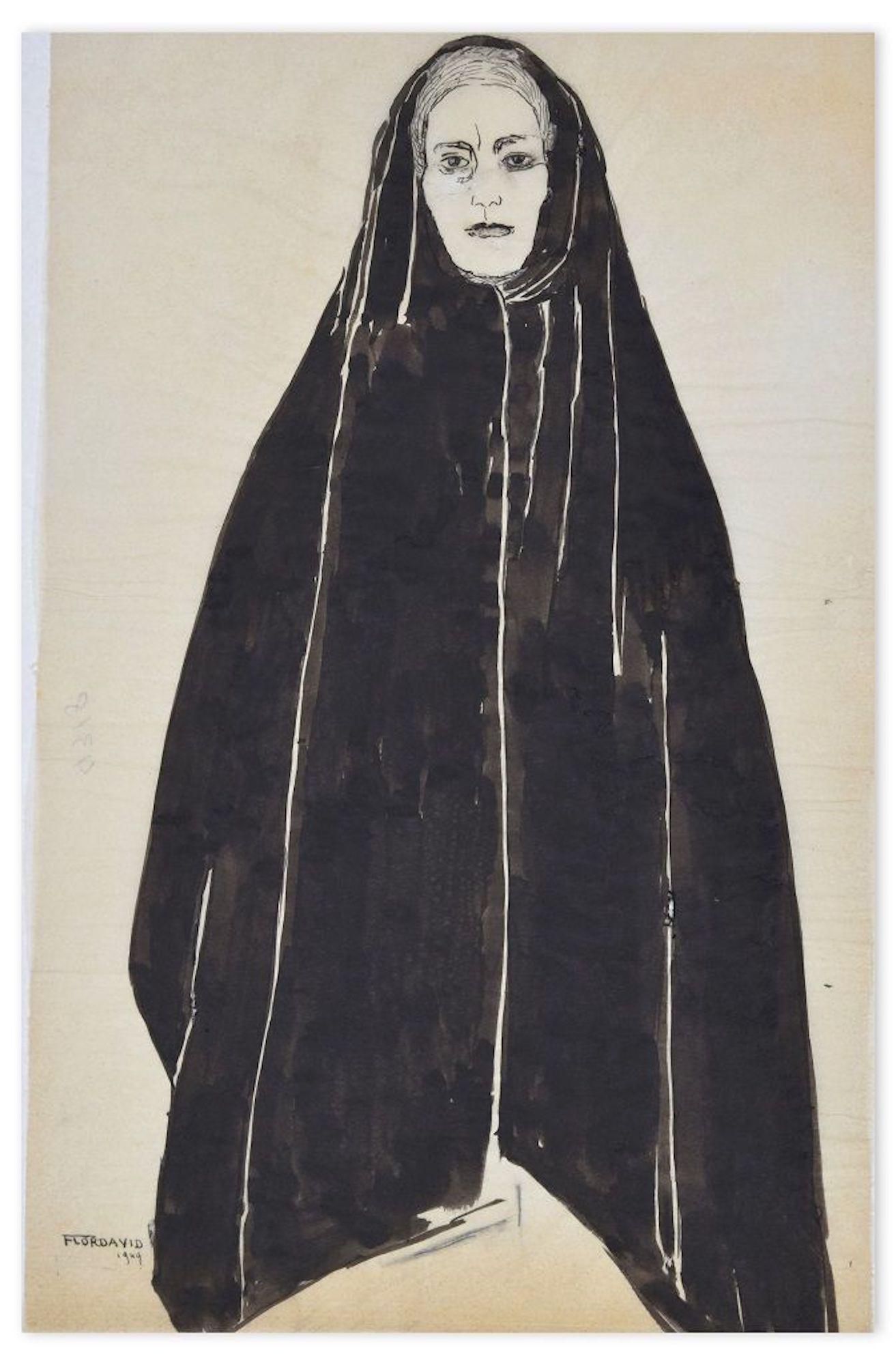 Woman with Black Mantel - Tusche und Aquarellzeichnung von F. David - 1949