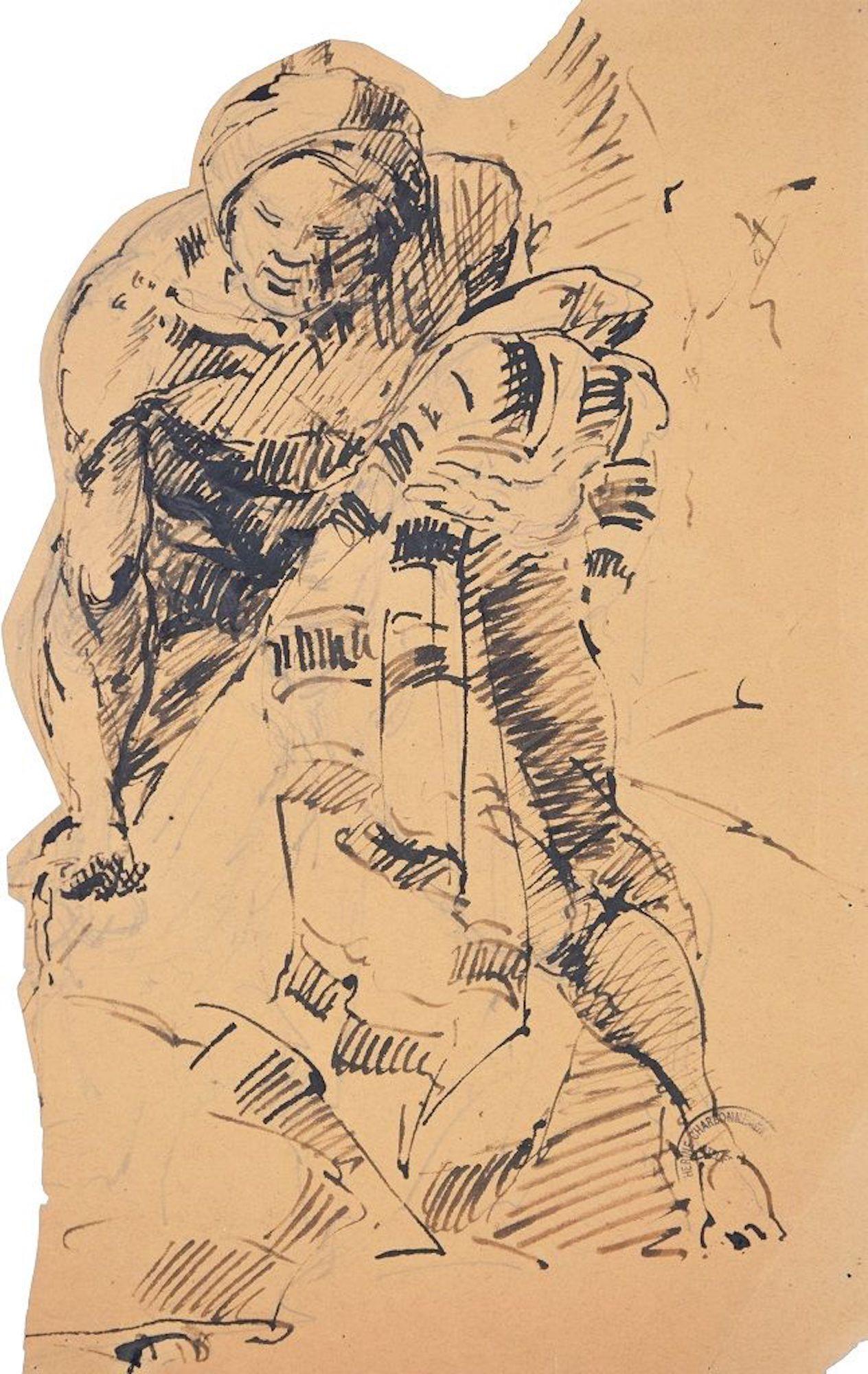Embracing is an original pen drawing on ivory paper, realized by the French artist Paul Garin (Nice, 1898-1963) in the 1950s. 

Black ink stamp on the higher-right corner: "Catherine Charbonneux Commissaire Priseur - Atelier Garin".

The artwork