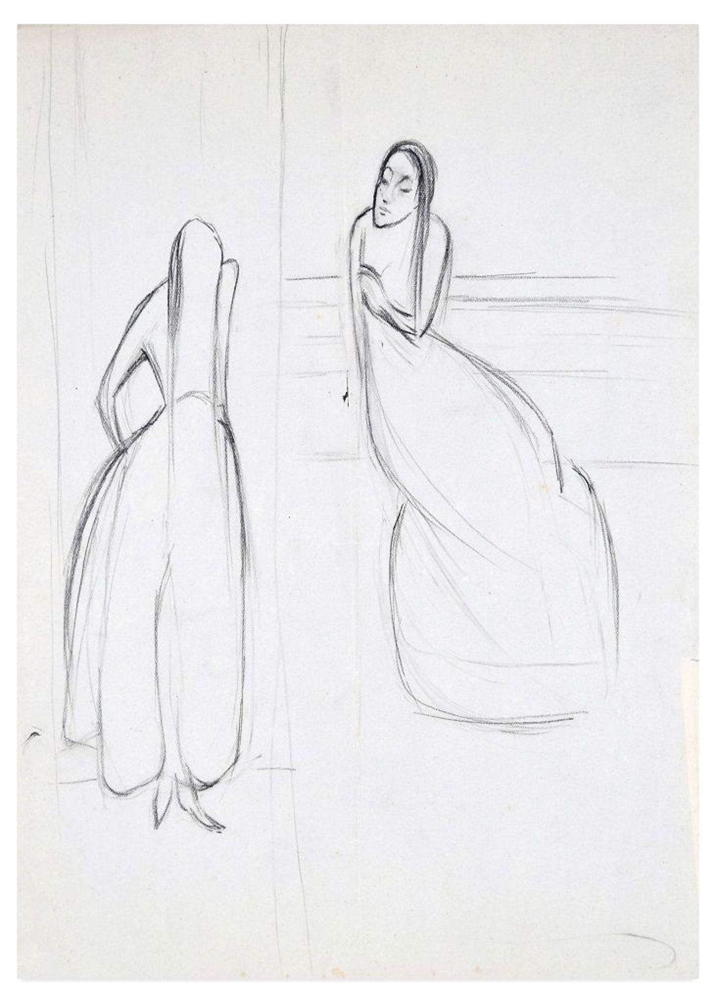 Zwei Frauen ist eine Originalzeichnung auf Elfenbeinpapier von Flor David aus den 1950er Jahren.

Dies ist eine originale Kohlezeichnung auf Blocknoten und stellt zwei langhaarige Frauen dar, die miteinander sprechen. Auf der Rückseite nimmt eine