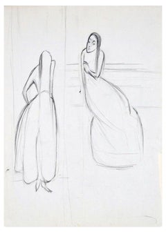 Two Women - Charcoal Drawing by Flor David - 1950s