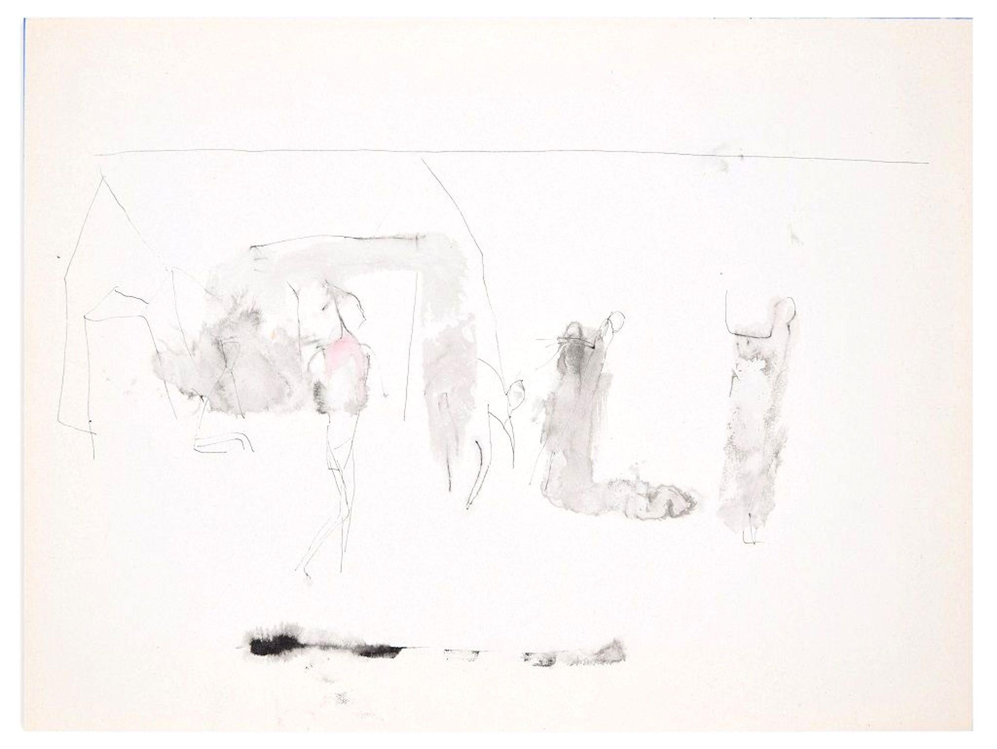 Silhouettes - Dessin au stylo et à l'aquarelle de Flor David - Années 1950