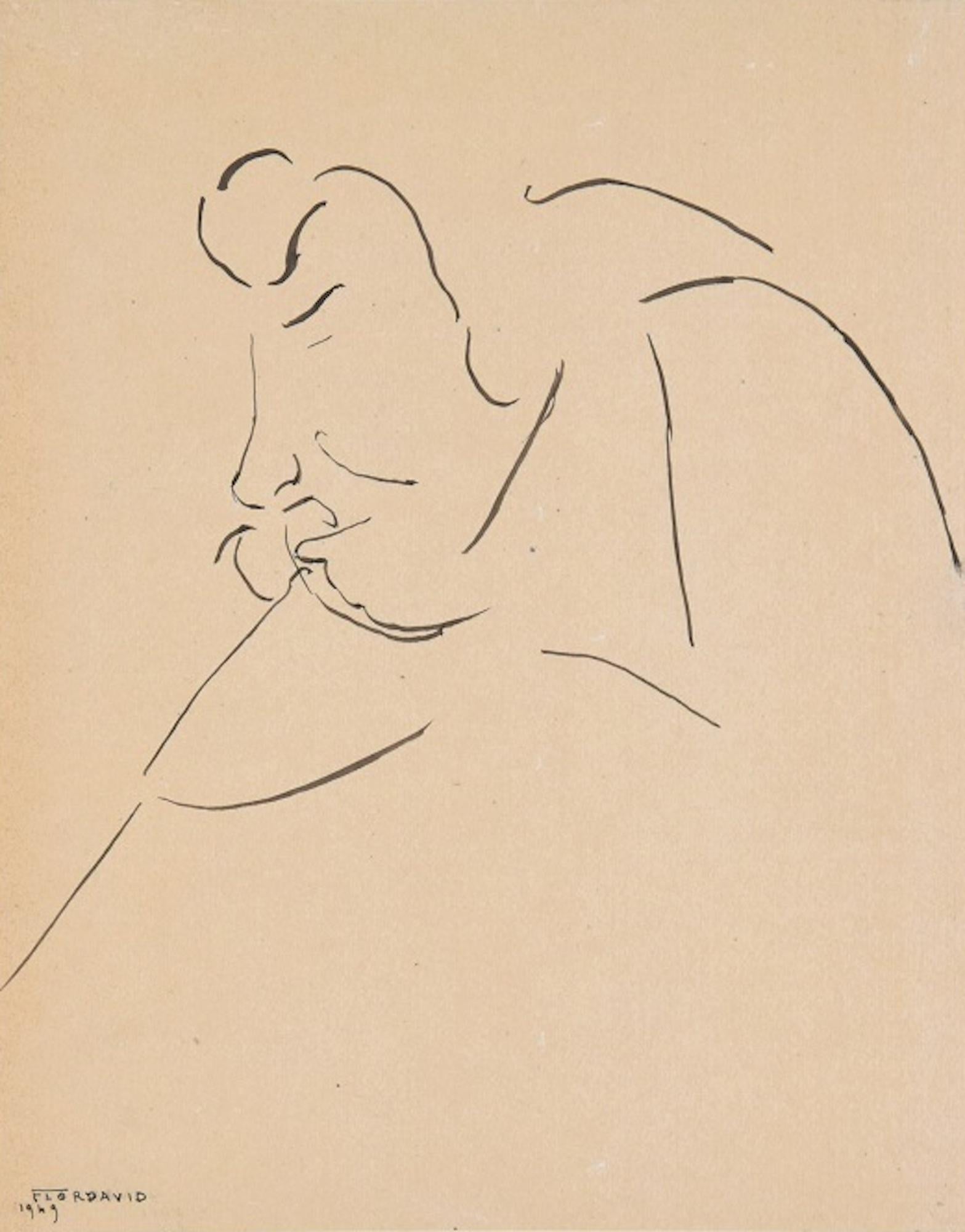 Tartuffe is an original drawing on ivory glossy paper realized by Flor David in 1949.

This is an original ink drawing representing a man in profile and in a meditative pose, portrayed witha very synthetic line and a wise touch.

Hand-signed and
