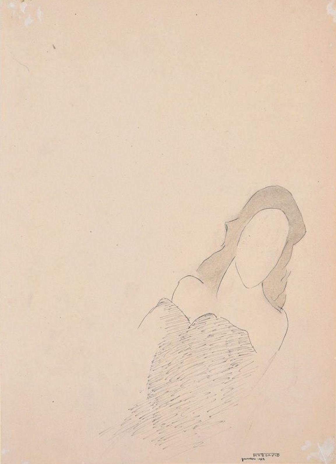 La Reine Morte est un superbe dessin original au crayon et à l'encre sur papier glacé ivoire réalisé par Flor David en 1953.

Représentant la silhouette d'une femme élégante avec un trait rapide et synthétique et une touche sage, ce dessin original