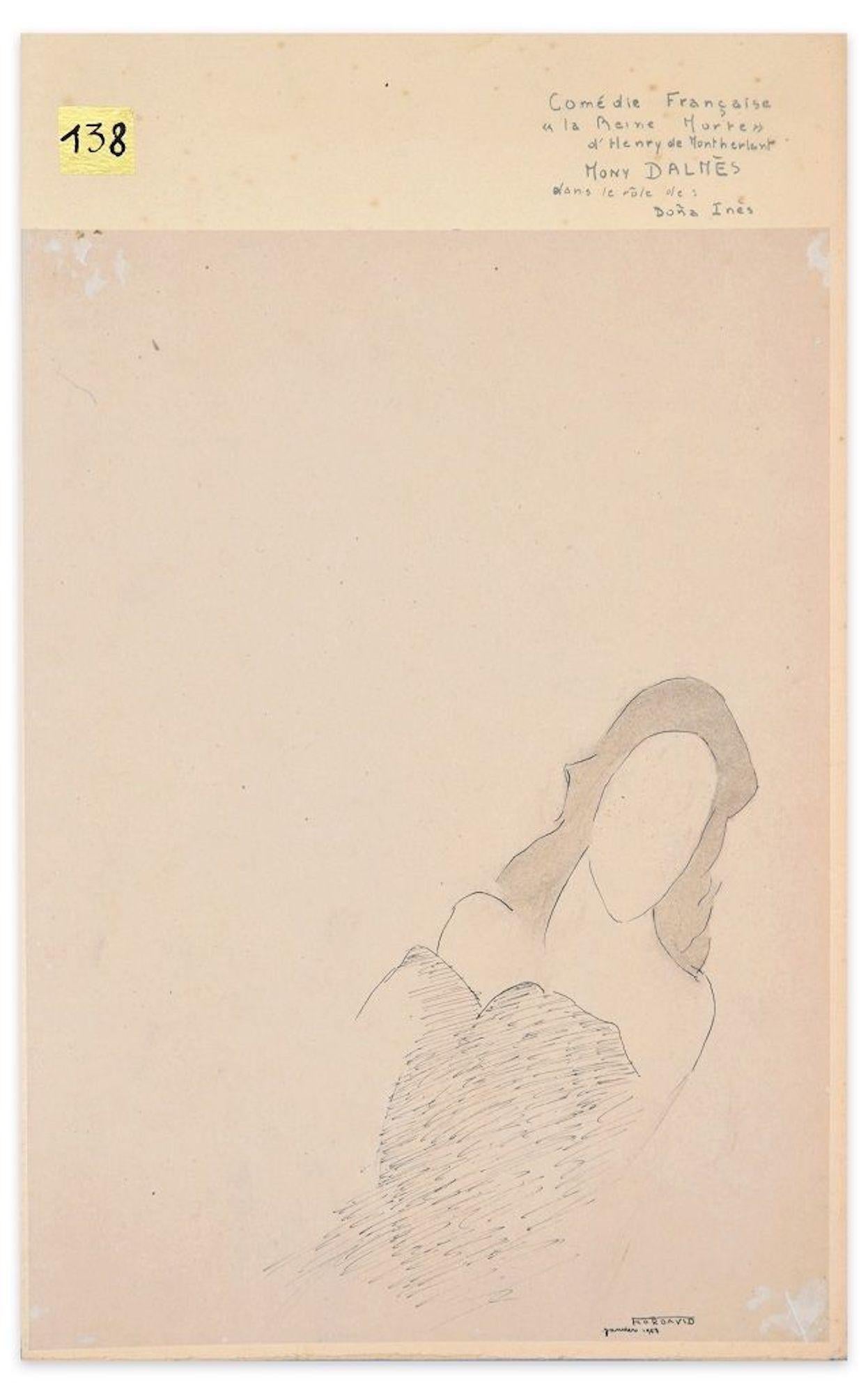 La Reine Morte is a superb original pencil and ink drawing on ivory glossy paper realized by Flor David in 1953.

Representing the silhouette of an elegant woman with a rapid and synthetic line and a wise touch, this original drawing seems to be the