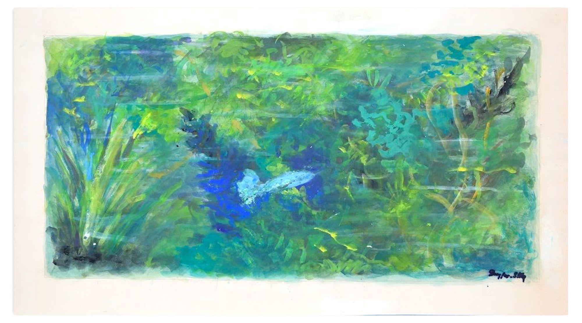 Jean Dreyfus-Stern Abstract Painting - Green Landscape - Original Tempera on Paper by J. Dreyfus-Stern 