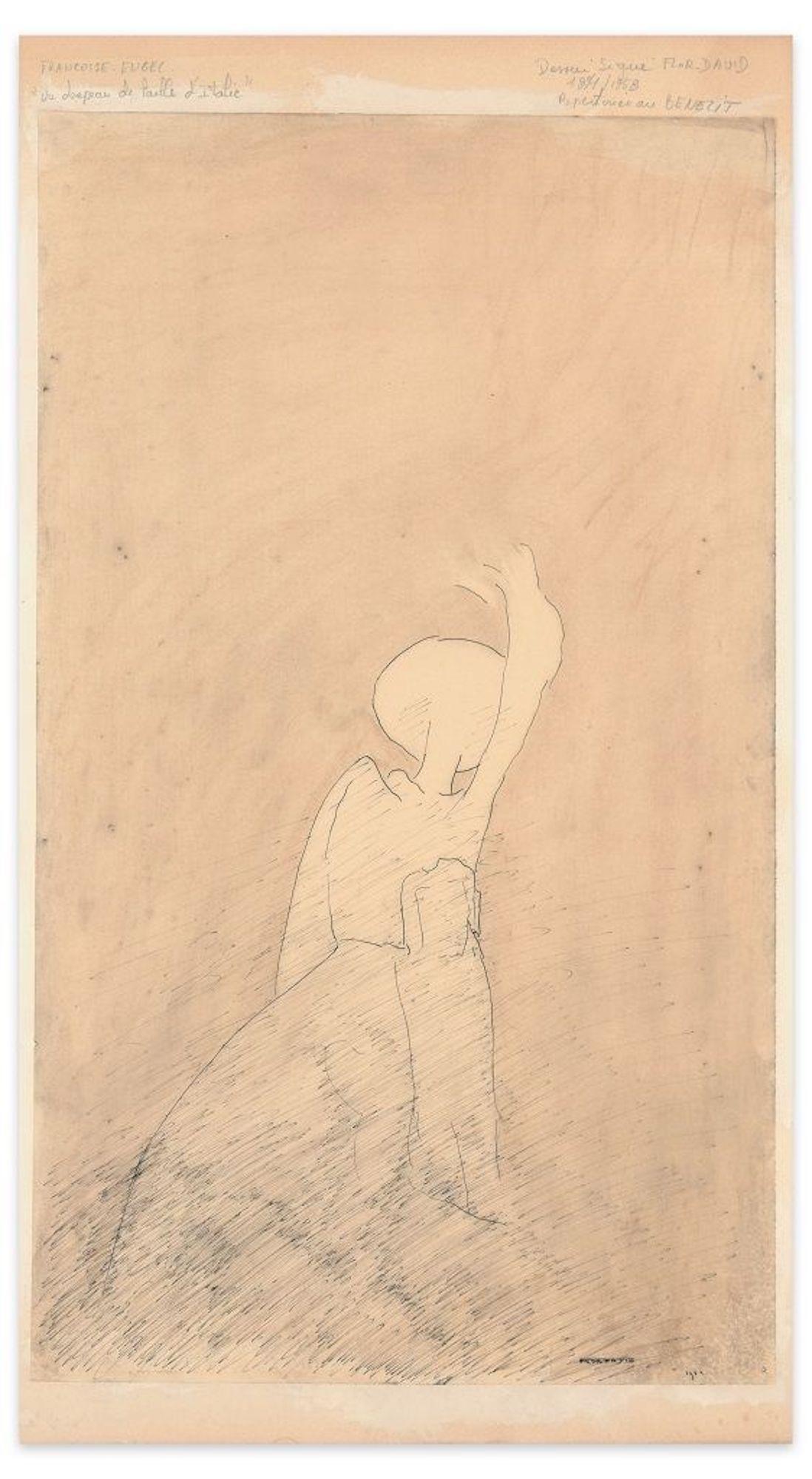 Abmessungen des Bildes: 55.2 x 32,3 cm.

Un Chapeau de Paille d'Italie ist eine hervorragende Originalzeichnung mit Bleistift und Tusche auf Elfenbein-Glanzpapier von Flor David aus dem Jahr 1951, wie es in schwarzer Tinte am unteren rechten Rand
