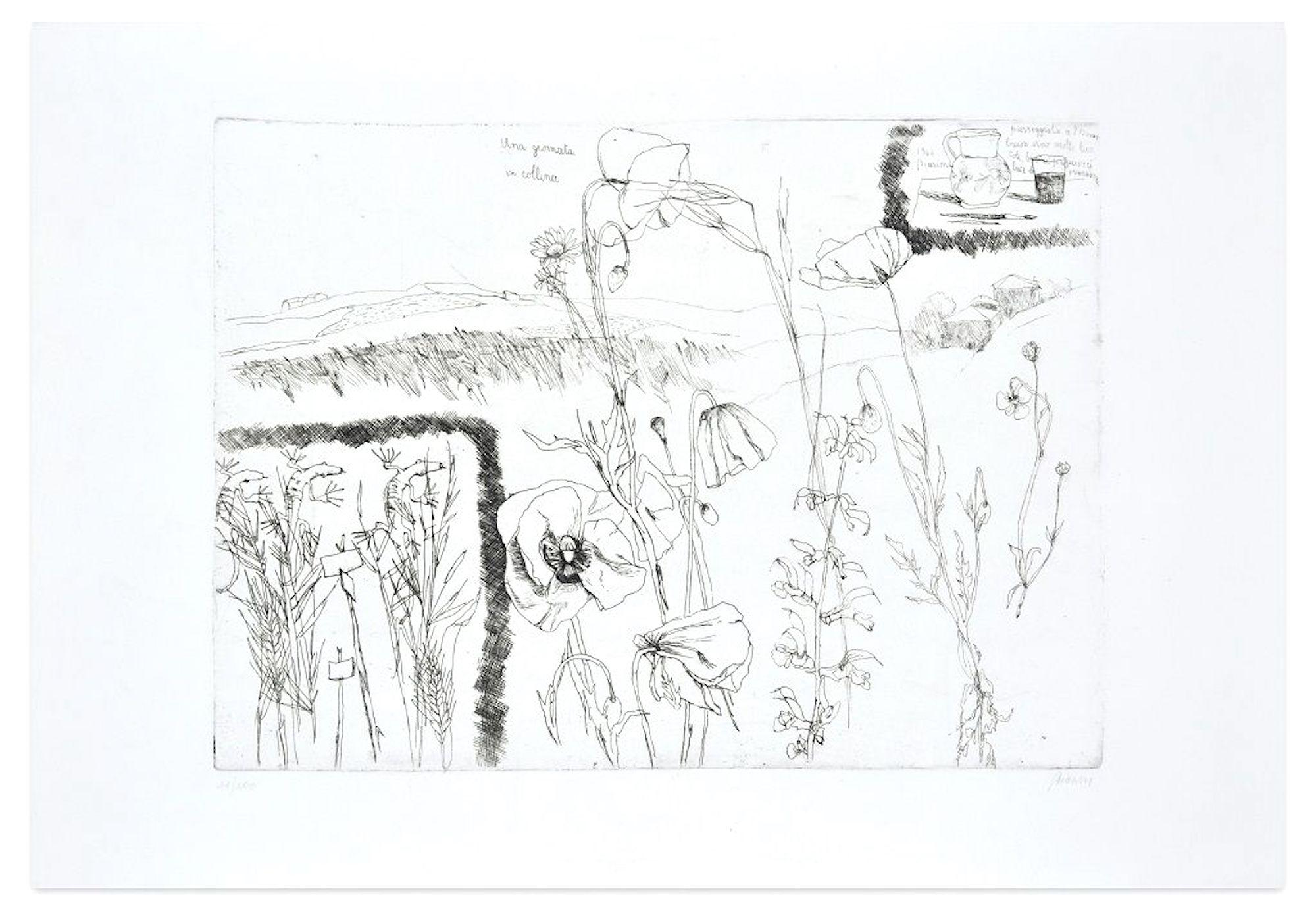 Dimensions de l'image : 25,4 x 34,7 cm.

Una giornata in collina est une belle gravure en noir et blanc sur papier, réalisée en 1966 par l'artiste italien Renzo Biasion. 

Titré sur la plaque dans la marge supérieure au centre, daté et signé sur la