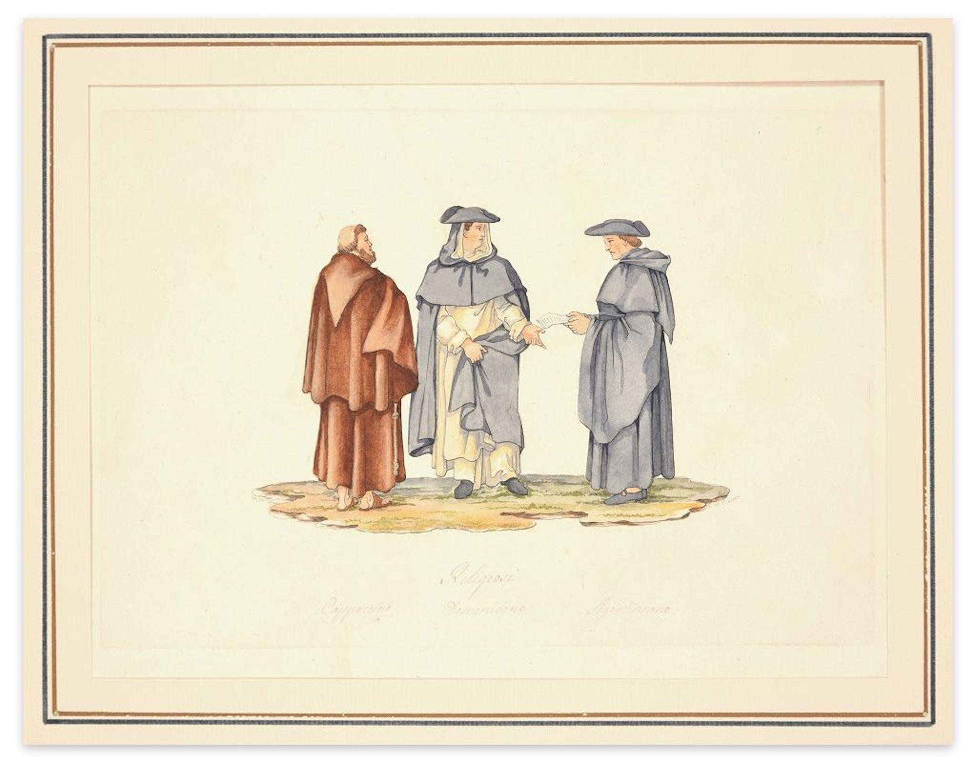 Religious Men - Colored Etching After F. Ferrari by G.B. Cipriani - Print by Filippo Ferrari (After)