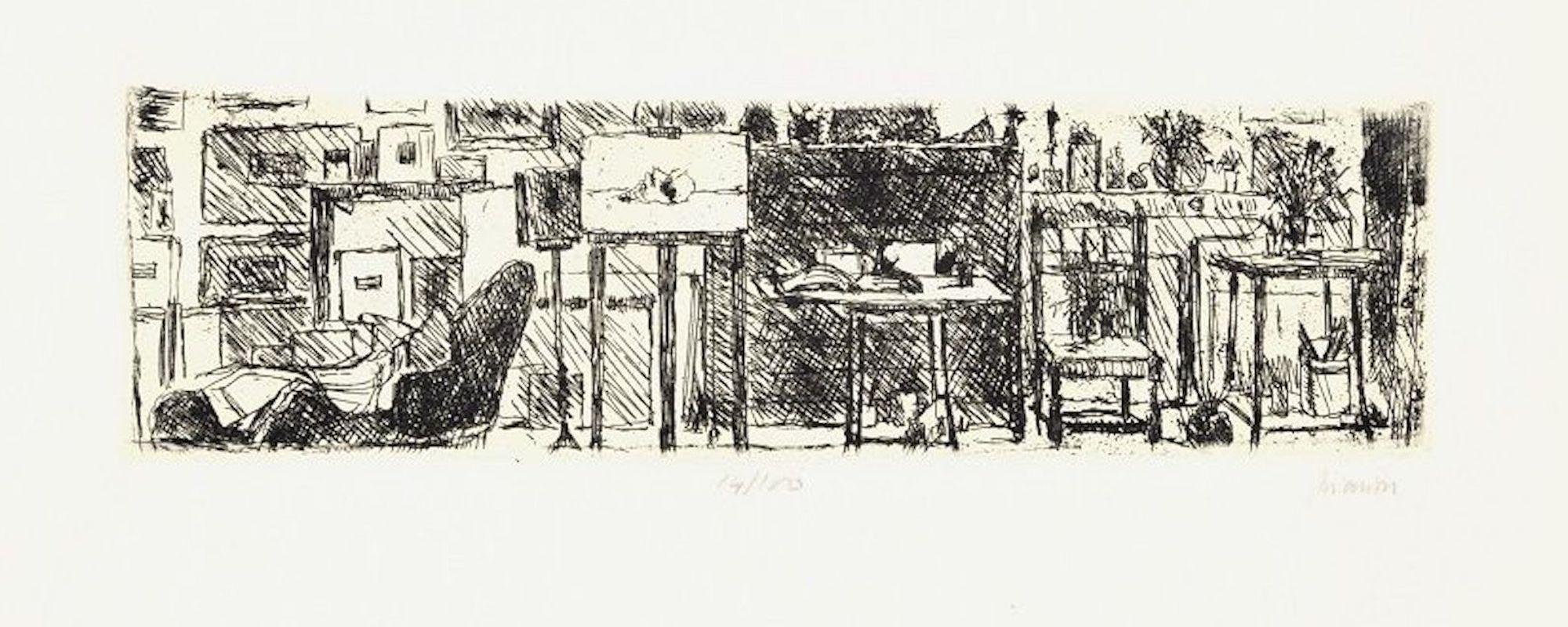 Dimensiones de la imagen: 6,5 x 24,2 cm.

Estudio de artista es un hermoso aguafuerte en blanco y negro sobre papel, realizado a mediados del siglo XX por el artista italiano Renzo Biasion (Treviso, 1914 - Florencia, 1996).

Firmado a mano con lápiz