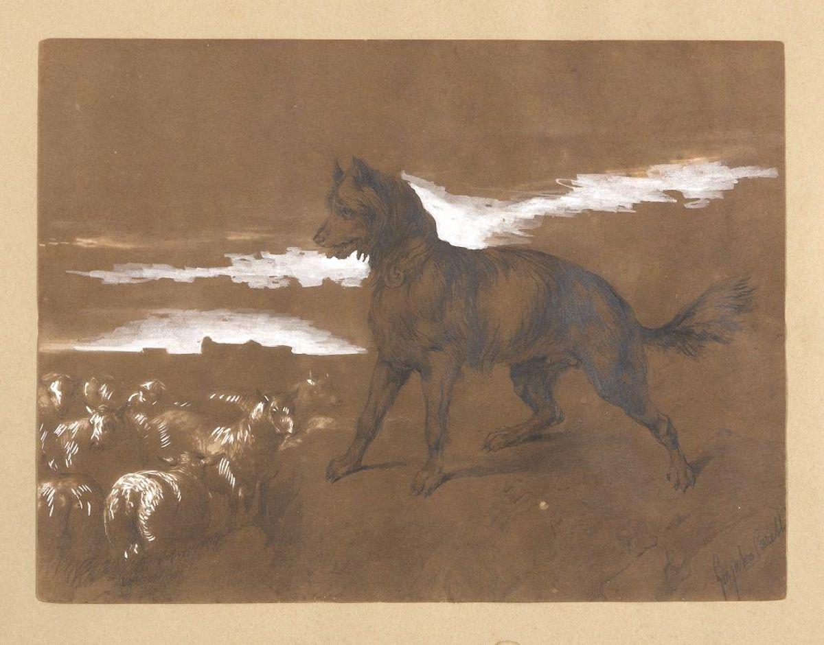 Consalvo Carelli Animal Art – Landscape with Dog and Flock Pencil and White Lead on Brown Paper by C. Carelli