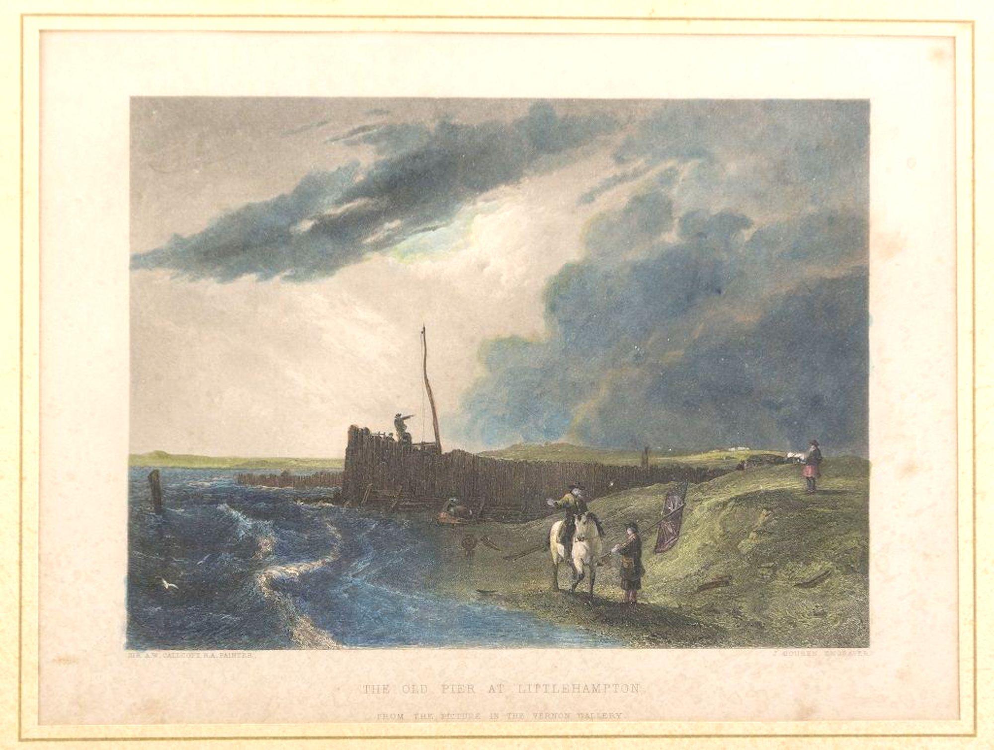 The Old Pier at Littlehampton - Lithograph on Paper by J. Cousen - Mid-1800 - Print by John Cousen
