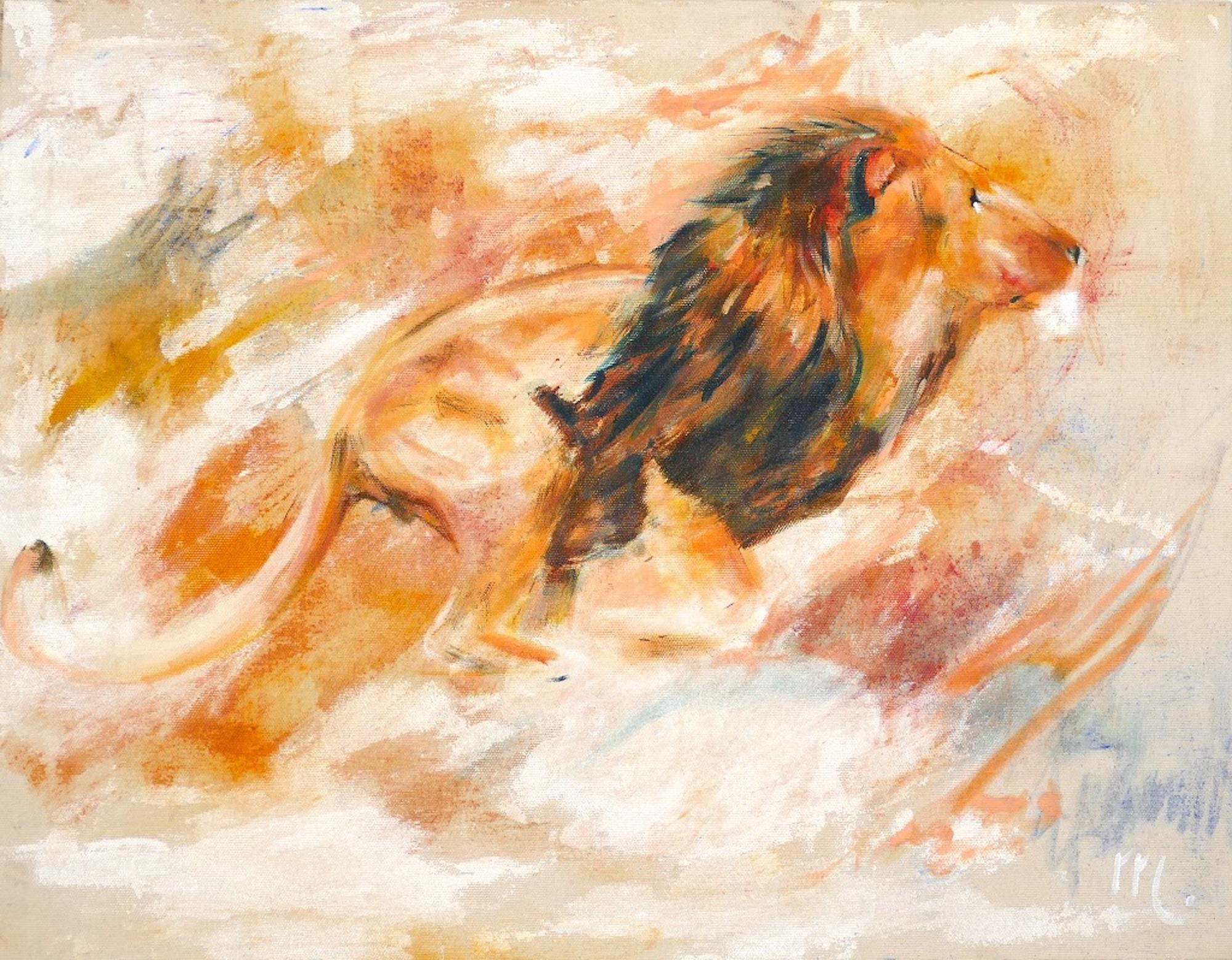Lion is a beautiful original oil painting on canvas, realized in the 2000s by the contemporary and emerging artist Marij Hendrickx.

Monogrammed on the lower right corner in white oil paint "M". 

A magnificent lion is portrayed of profile and in a