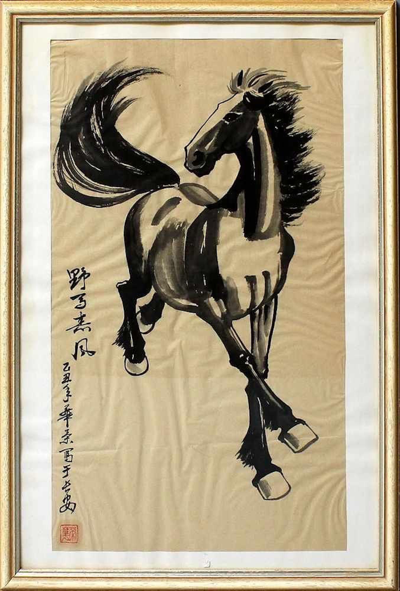 Unknown Animal Art - Black Horse - China Ink by Chinese Master Early 20th Century