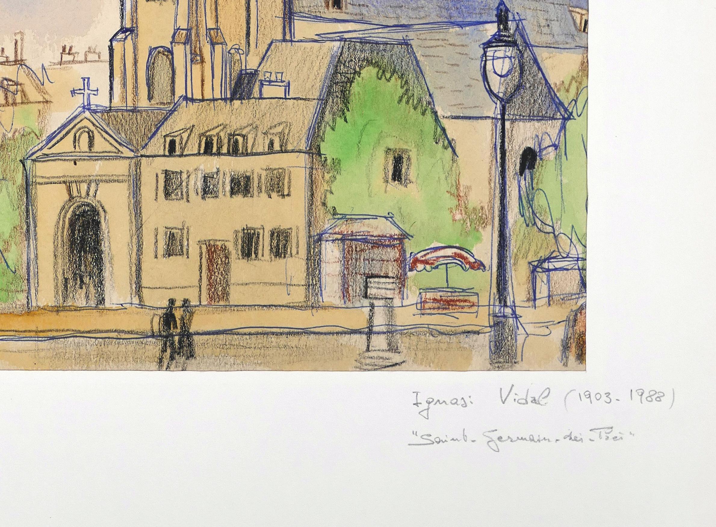 Saint Germain de Prs – Tusche, Pastell und Aquarell auf Papier – 1950er Jahre (Zeitgenössisch), Mixed Media Art, von Ignasi Vidal