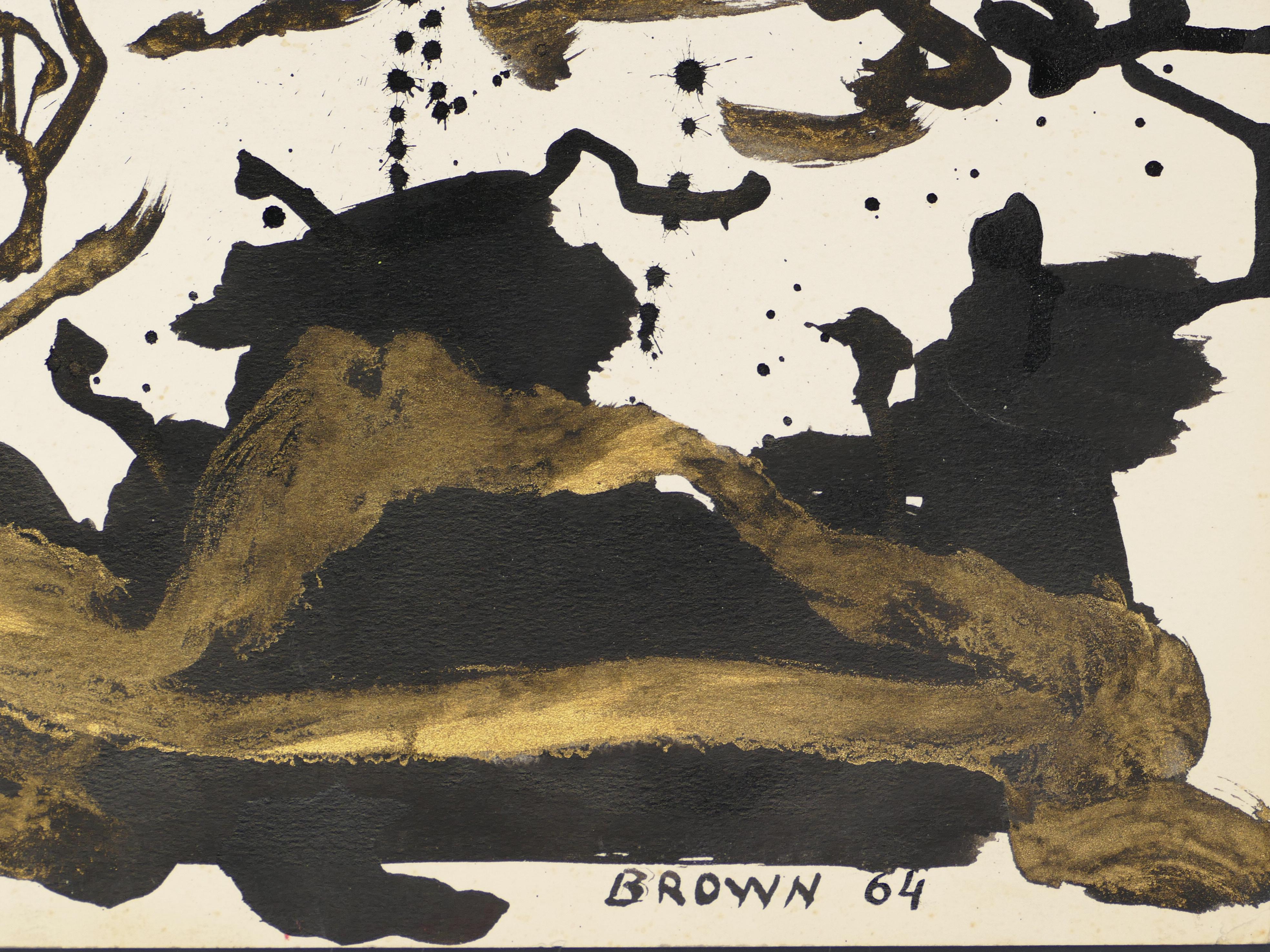 Abstract Golden Composition - Original Tempera on Paper by J.-J. Brown - 1964 - Painting by James-Jacques Brown
