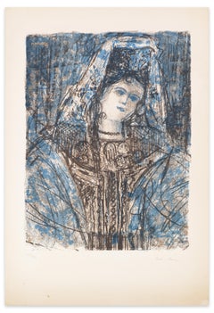 Frau mit Kopfschmuck - Lithographie von Léon Lang - 1970er Jahre