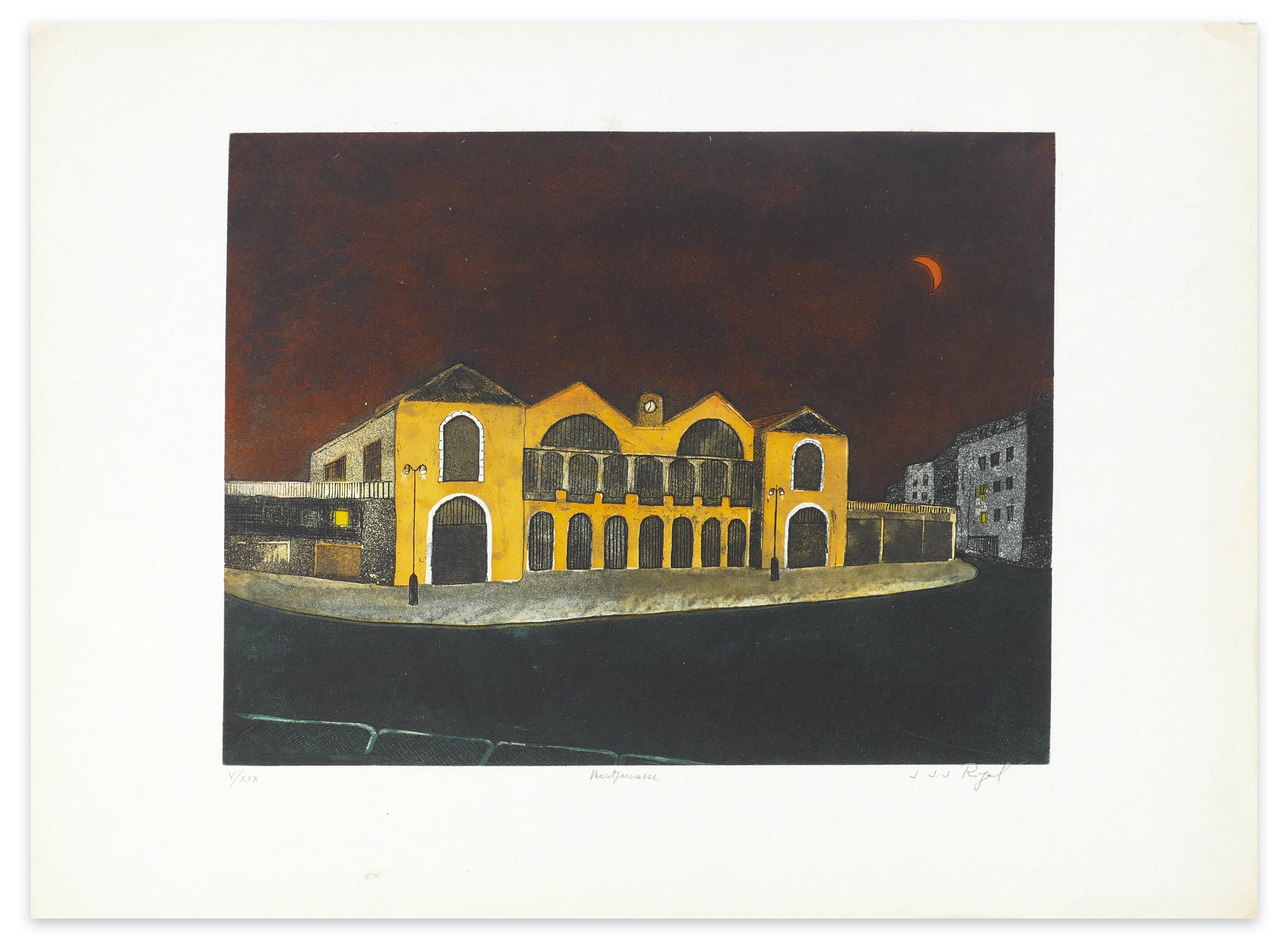 Image dimensions: 34.5 x 44.5 cm.

Montparnasse is an original etching by the French artist Jacques Joachim Jean Rigal  (1926-1997).

This is an original print from an edition of 30 prints, a beautiful artist's proof numbered in pencil in Roman