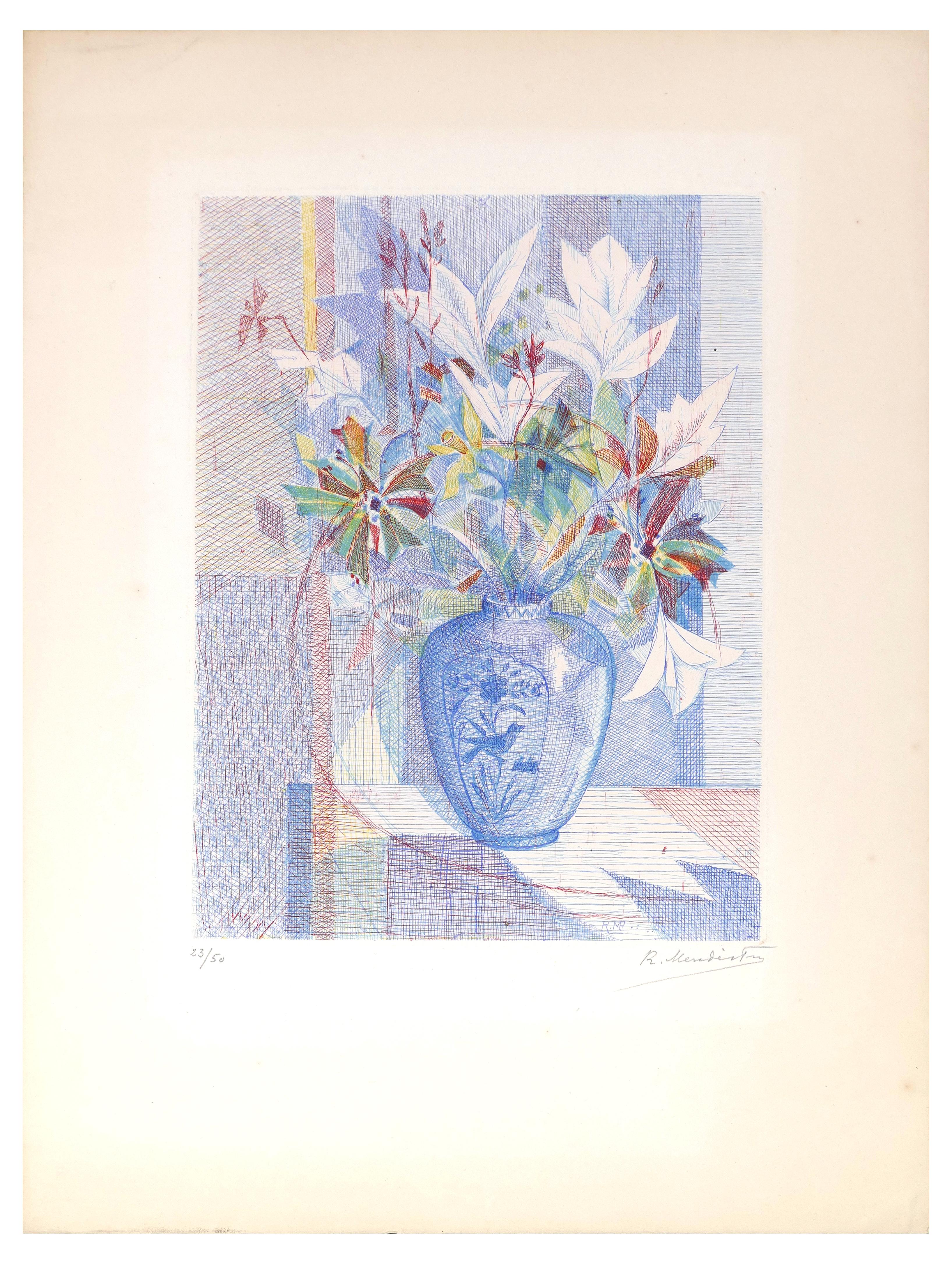 René Mendes France Still-Life Print - Flower Vase - Etching by R. Mendes France - Mid 1900