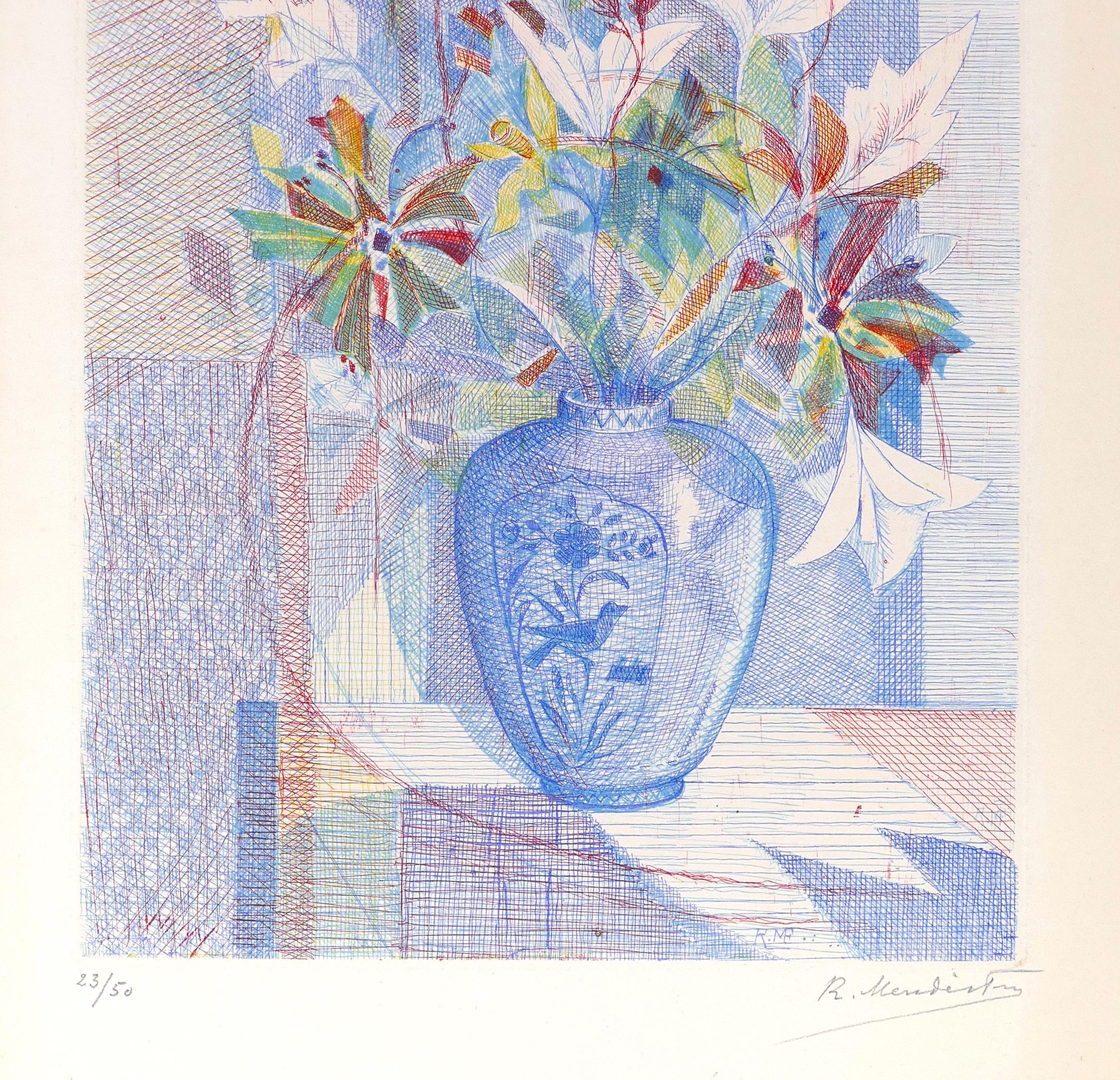 Flower Vase - Etching by R. Mendes France - Mid 1900 - Print by René Mendes France