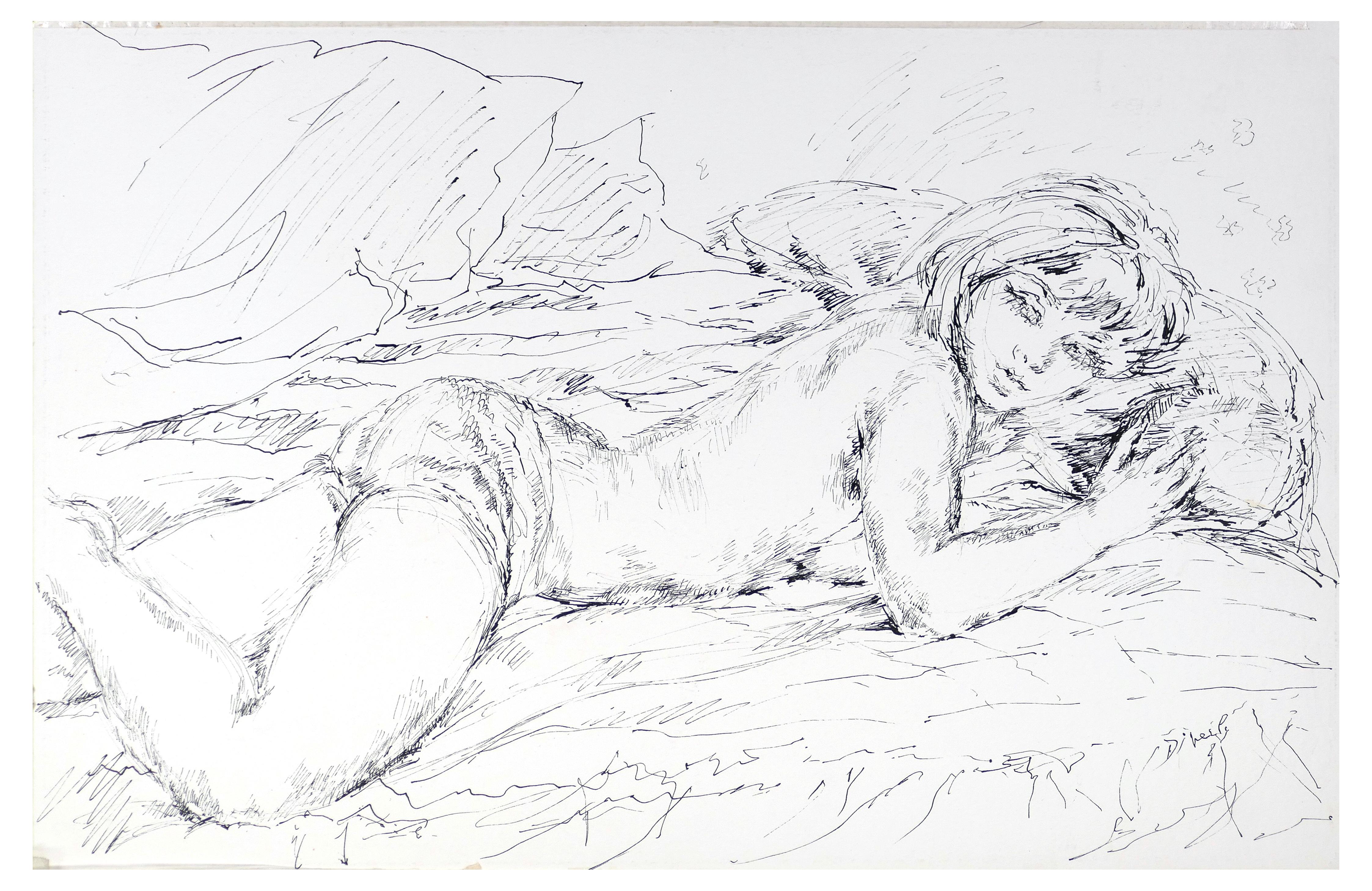 Figurative Art Eliane Diverly - Encre sur papier « Sleeping Woman » (Femme endormie) de Chine par E. Diverly, 1970