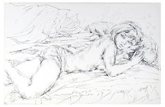 Vintage Sleeping Woman - China Ink on Paper by E. Diverly - 1970s