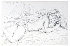 Encre sur papier « Sleeping Woman » (Femme endormie) de Chine par E. Diverly, 1970