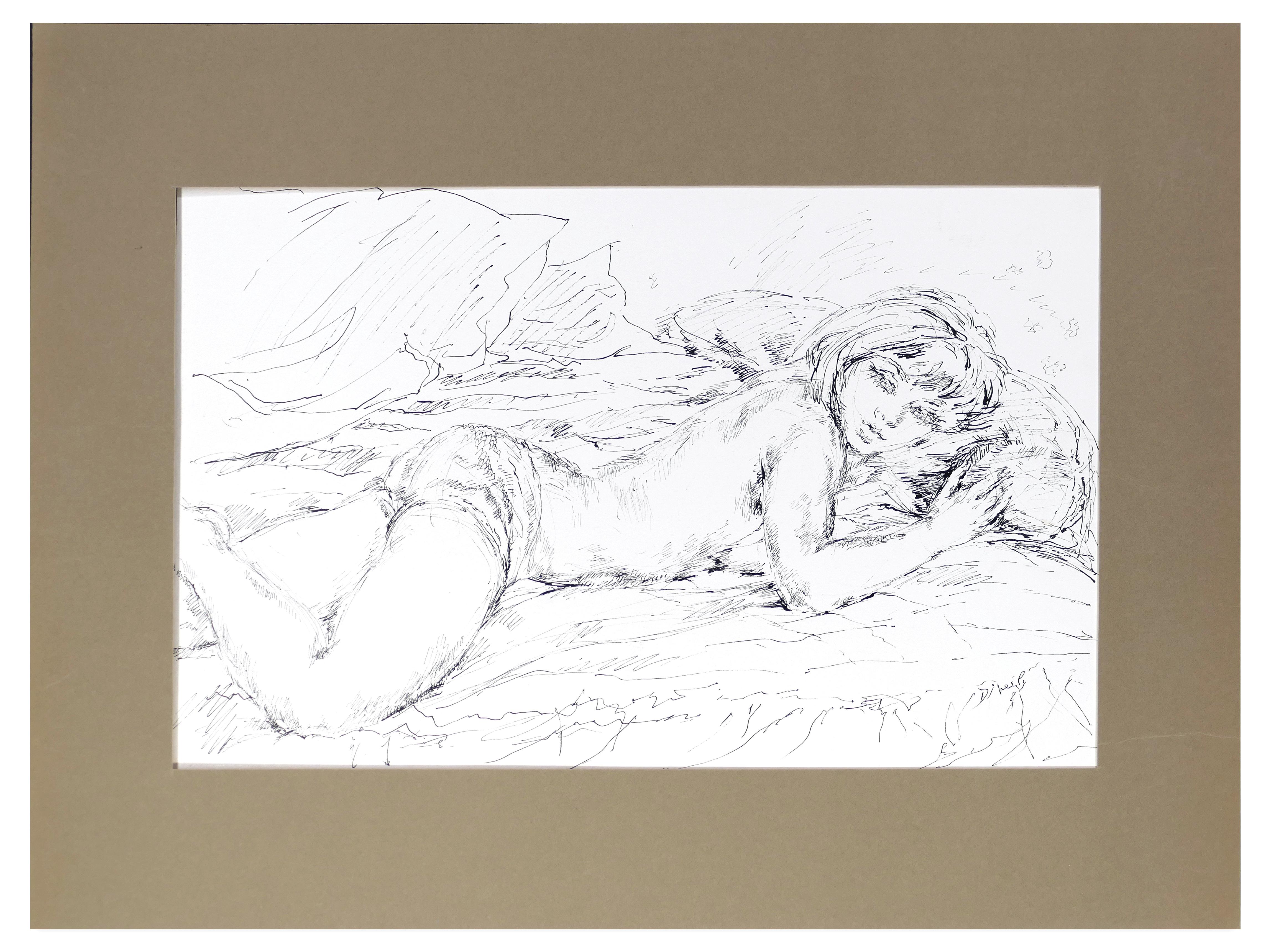 Encre sur papier « Sleeping Woman » (Femme endormie) de Chine par E. Diverly, 1970 - Contemporain Art par Eliane Diverly