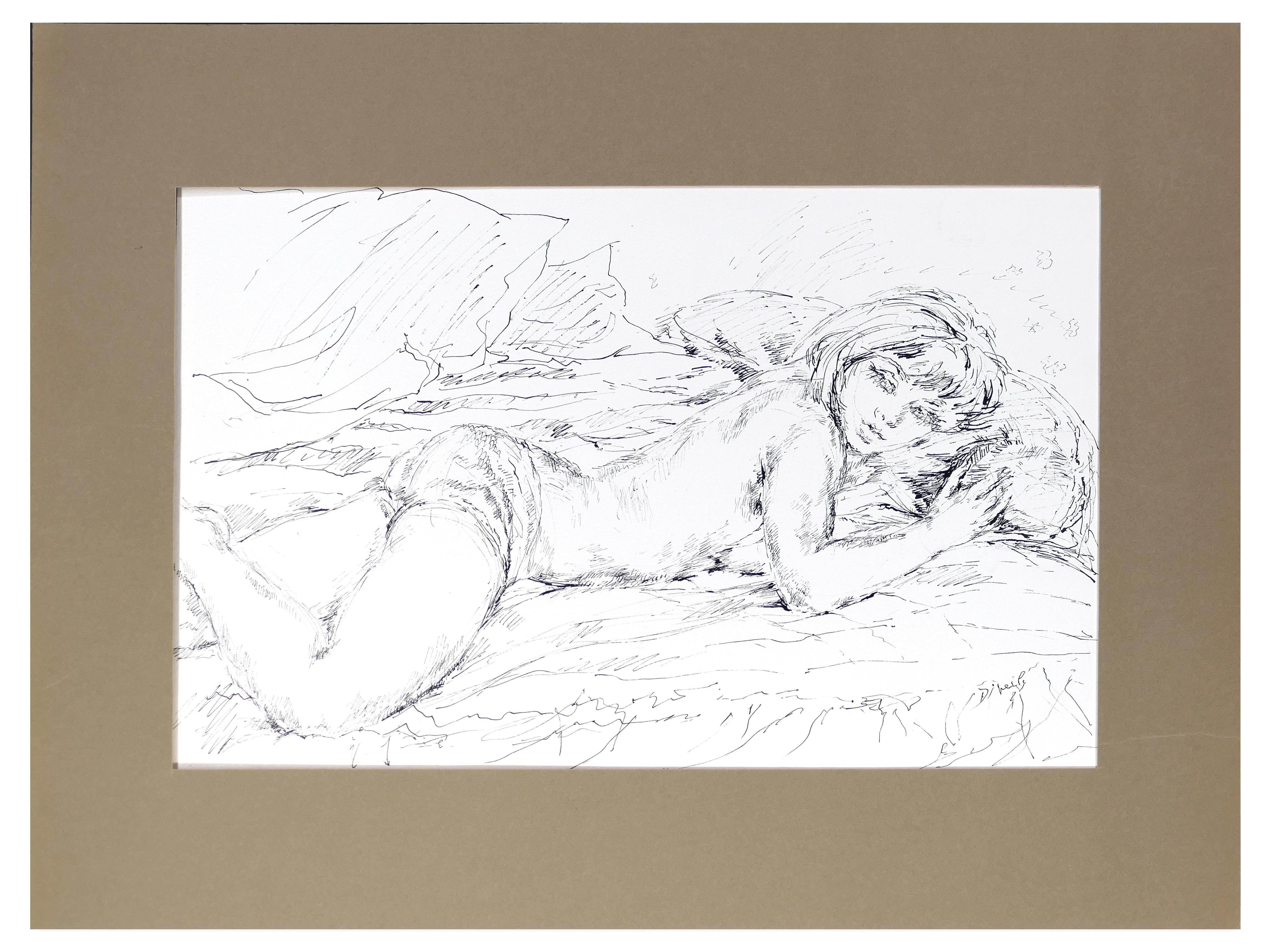 Sleeping Woman - China Ink on Paper by E. Diverly - 1970s - Contemporary Art by Eliane Diverly