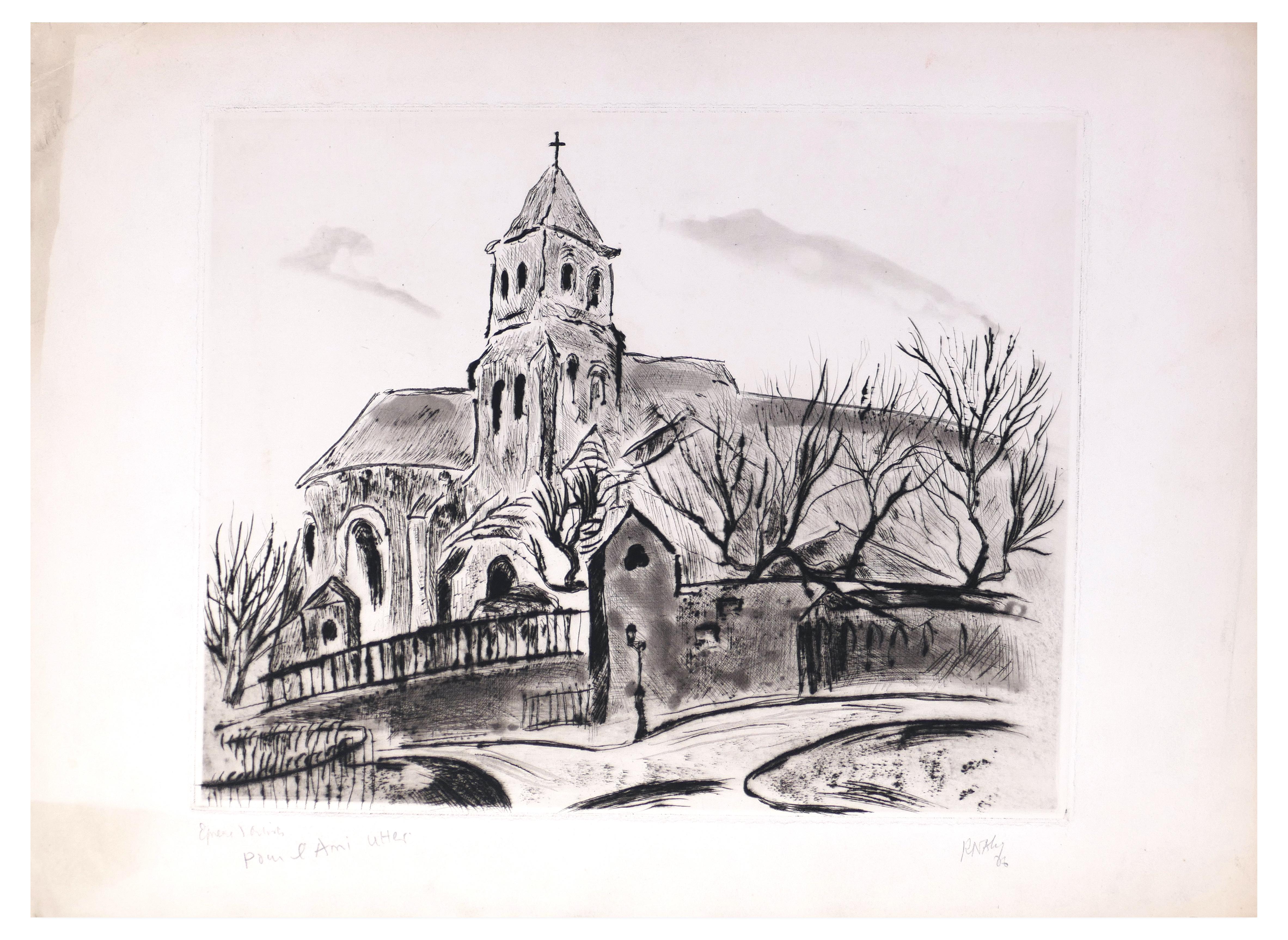 Tableau de l'église - eau-forte de R. Naly - 1967 - Moderne Print par Robert Naly