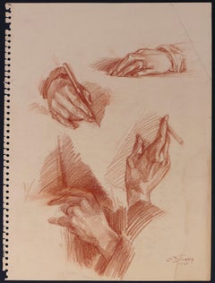 Vintage La main de mon père - Sanguine on Paper by E. Diverly - 1935