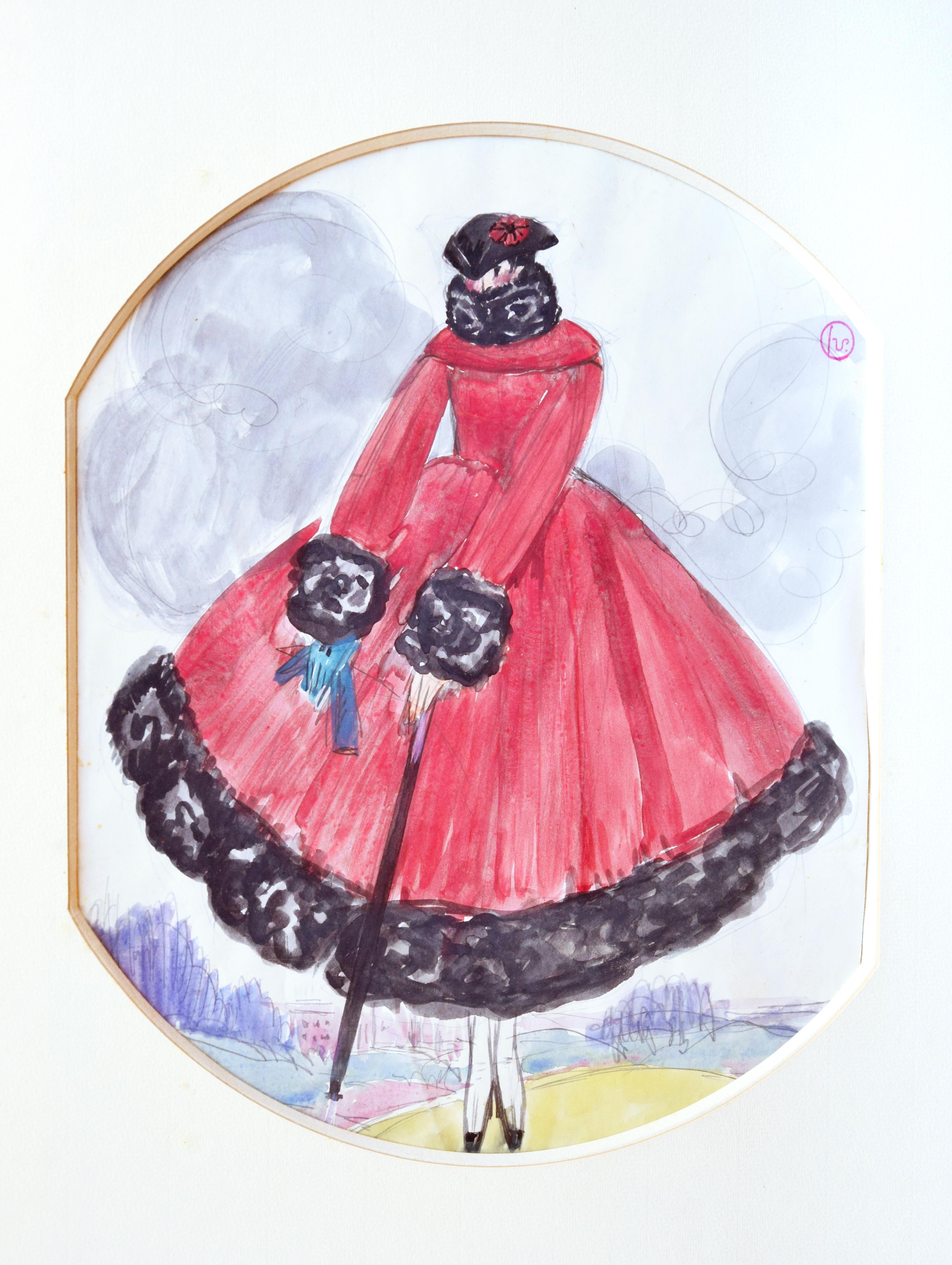 Georges Lepape Figurative Art – Le Manteau Rouge:: Original-Gouache