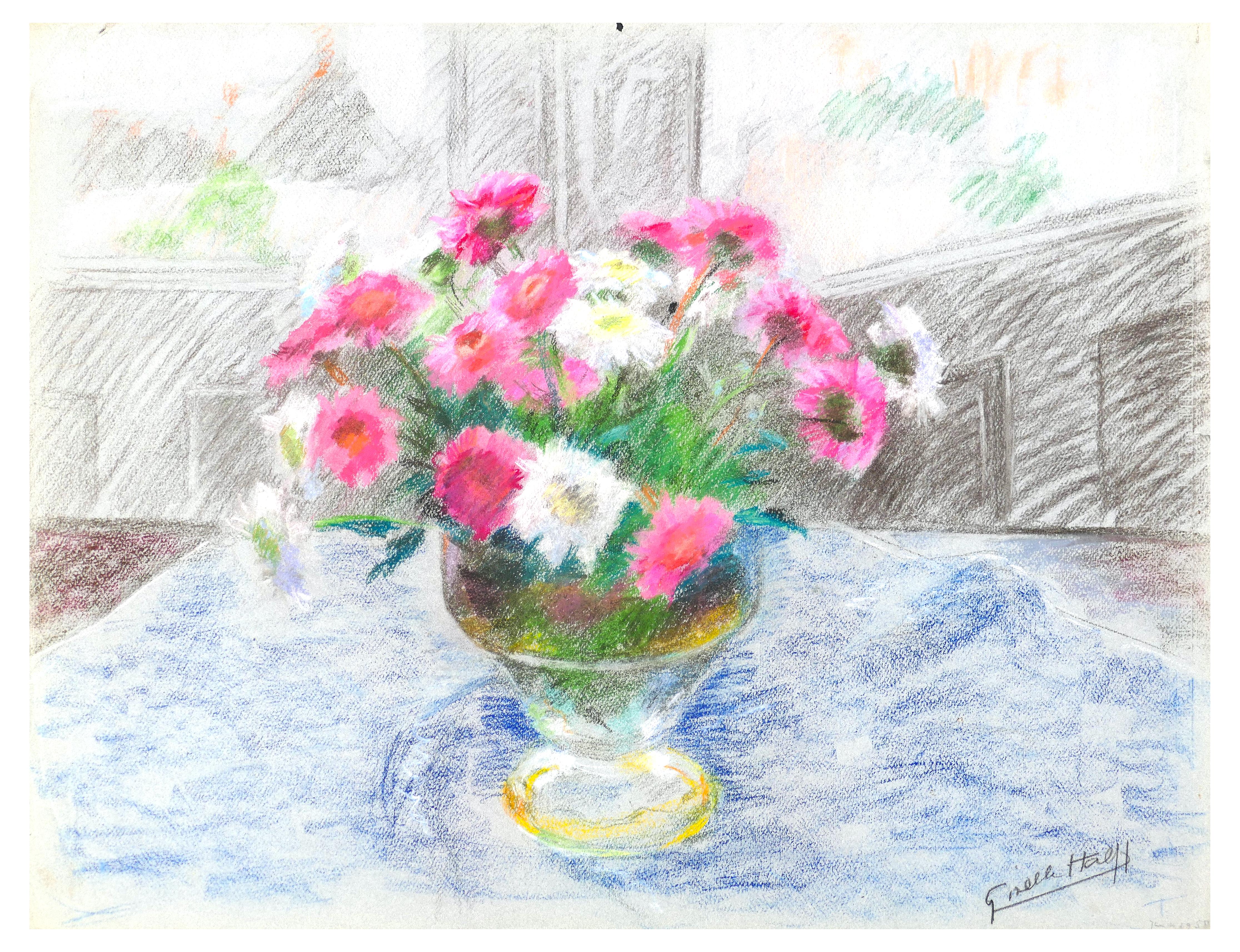 Giselle Halff Figurative Art - Fleurs dans un Vase- Oil Pastel Drawing by G. Halff - Late 20th Century