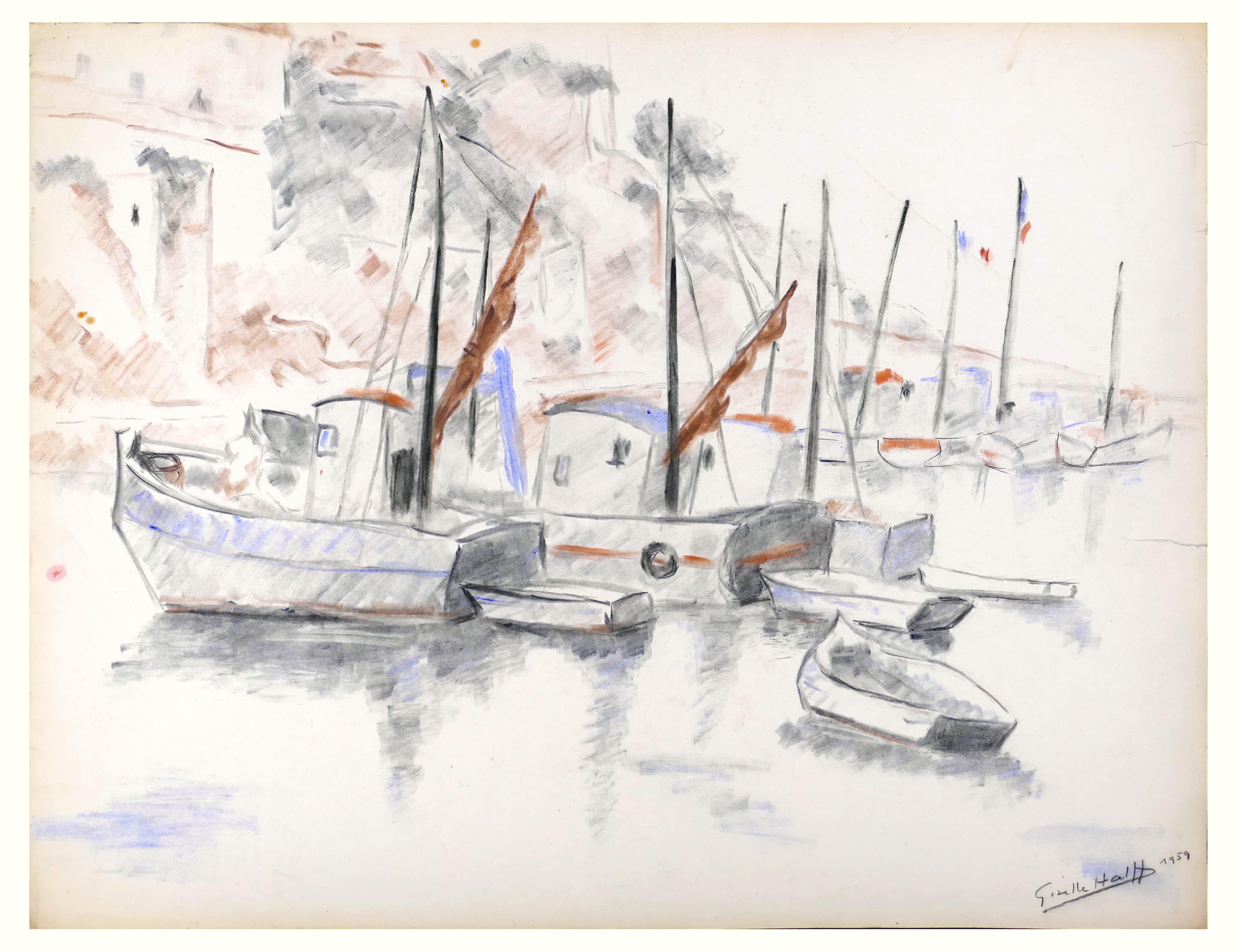Les Bateaux - Original Charcoal Drawing by G. Halff - 1959