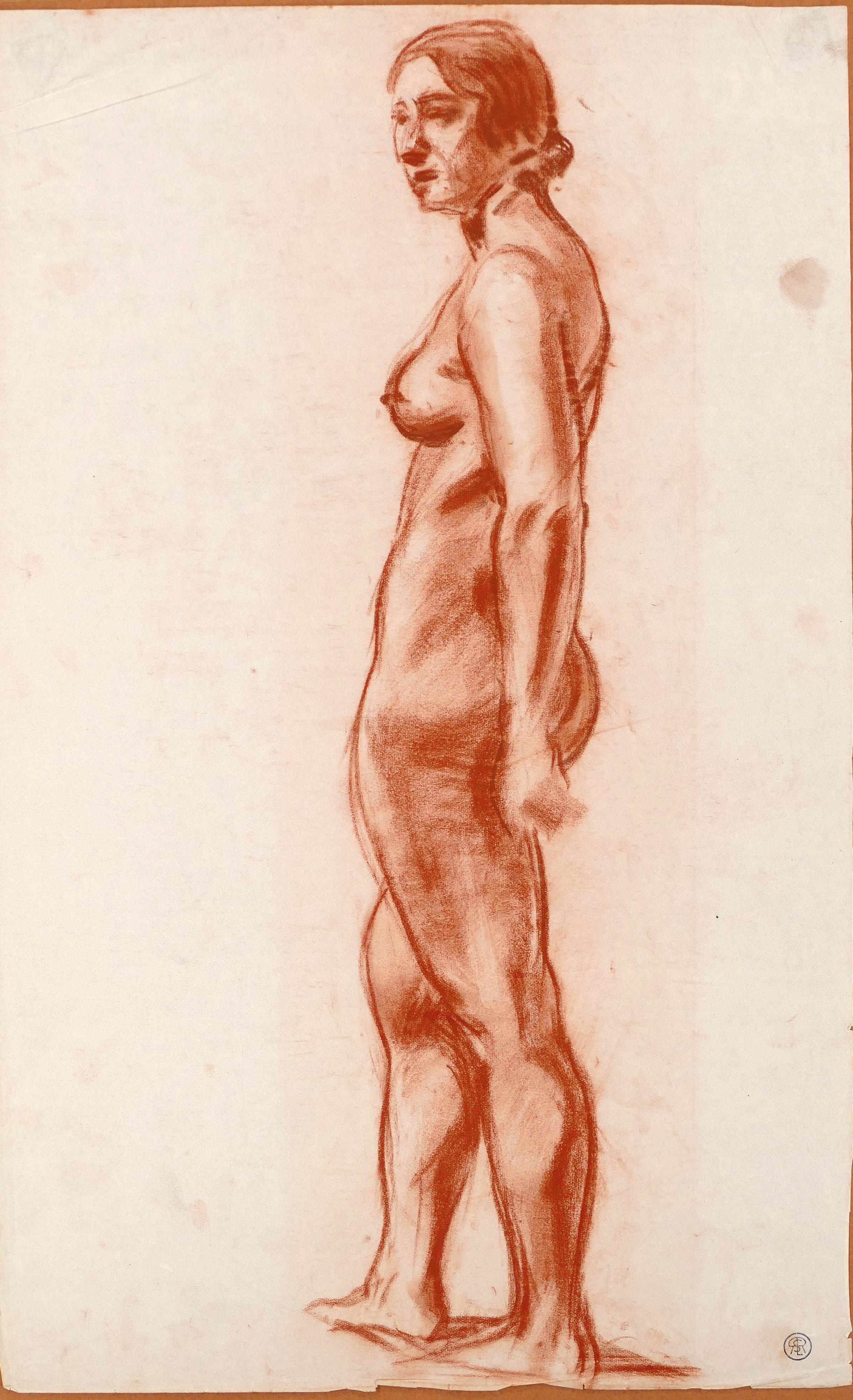 Standing Female Nude - Charcoal Drawing by M. Roche - Early 1900