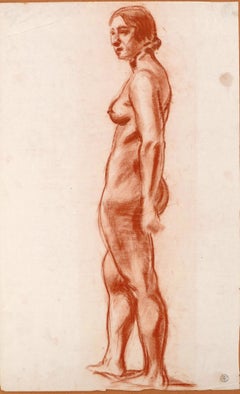 Antique Standing Female Nude - Charcoal Drawing by M. Roche - Early 1900