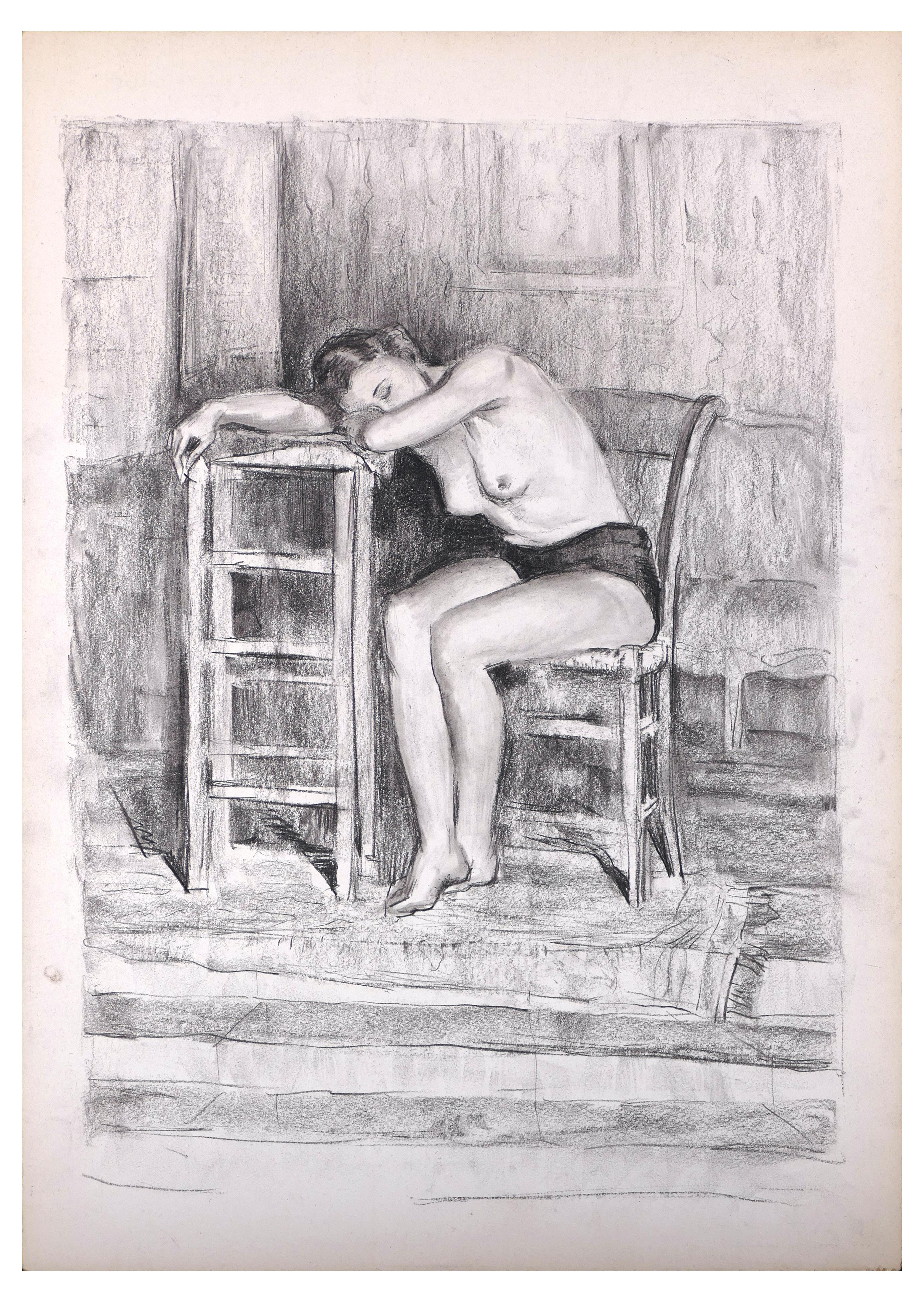 Unknown Figurative Art – Femme Assise – Holzkohle  Zeichnung auf Papier – Ende des 20. Jahrhunderts