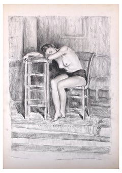Femme Assise - Charcoal  Drawing on Paper - Late 20th Century