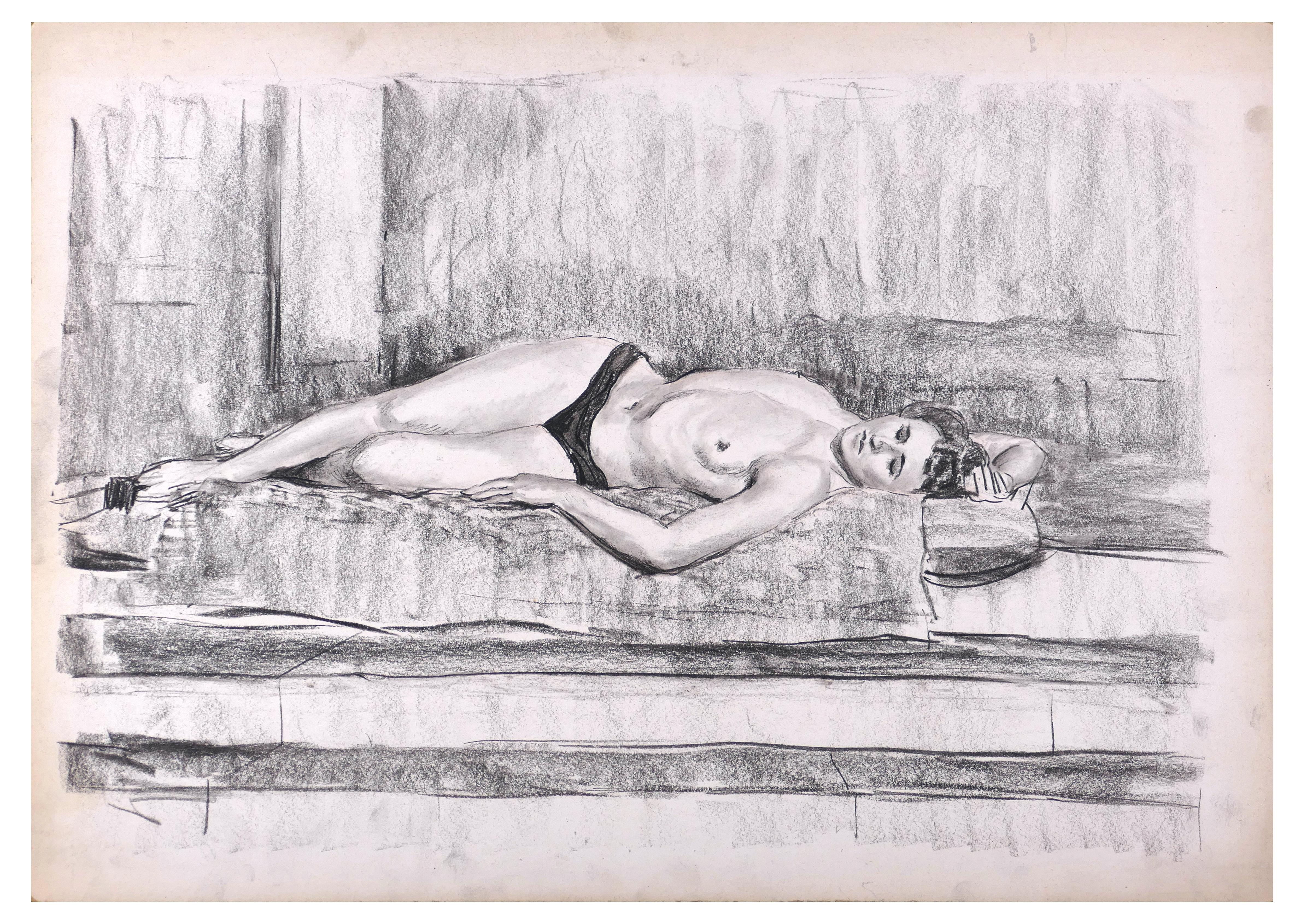 Unknown Nude - Femme Allongée - Charcoal  Drawing on Paper - Late 20th Century