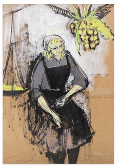 Donna con ananas - Gouache di Jeanne Esmein - Anni '70