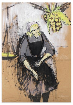 Frau mit Ananas – Gouache von Jeanne Esmein – 1970er Jahre