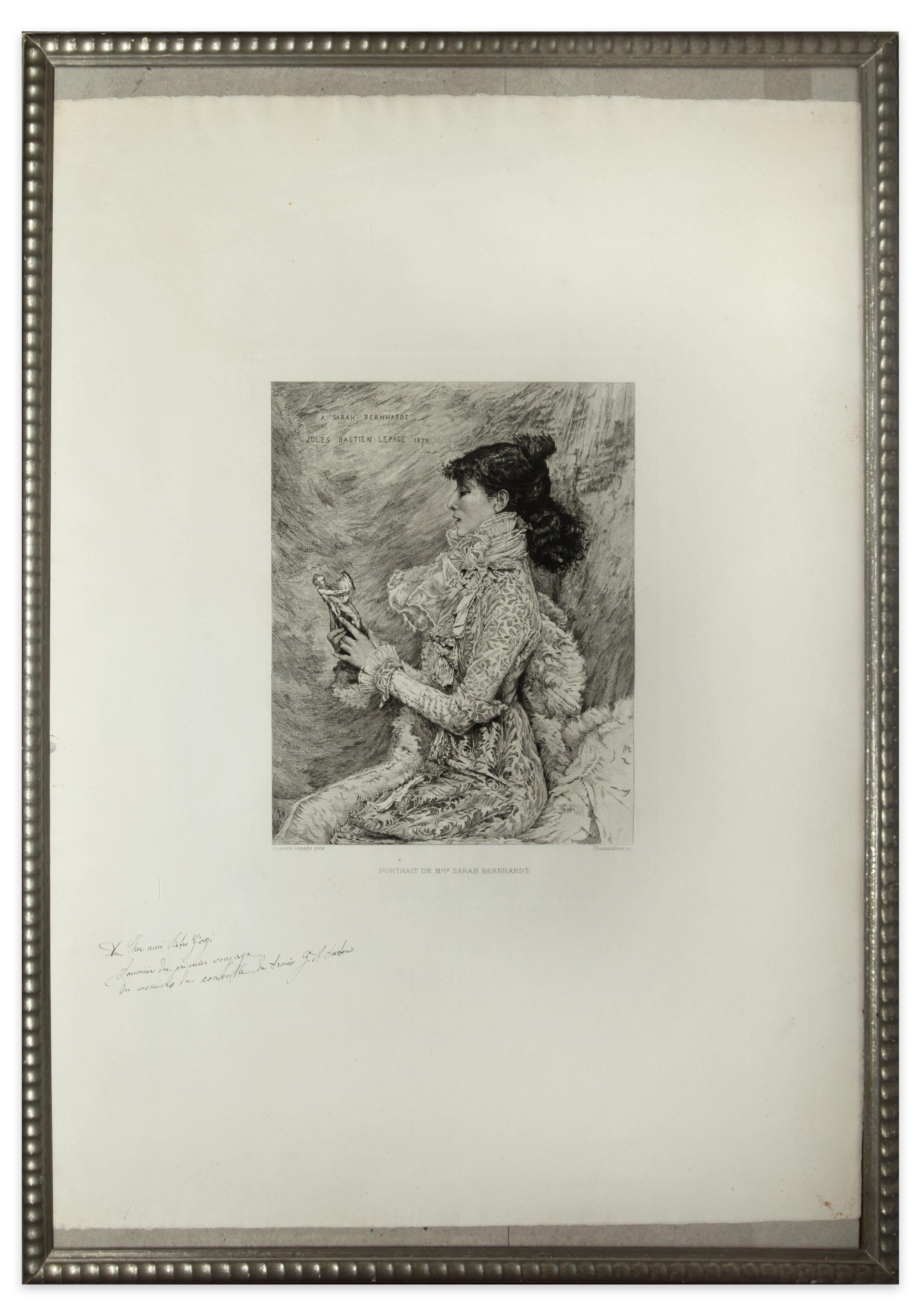 Portrait de M.lle Sarah Bernhardt - Original Etching by E.A. Champollion - 1879 - Print by Eugène Champollion